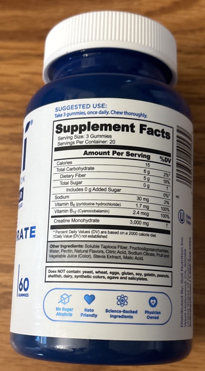 Goli Creatine Monohydrate Gummies 60 Count Zero Sugar Gluten-Free Exp 10/2027