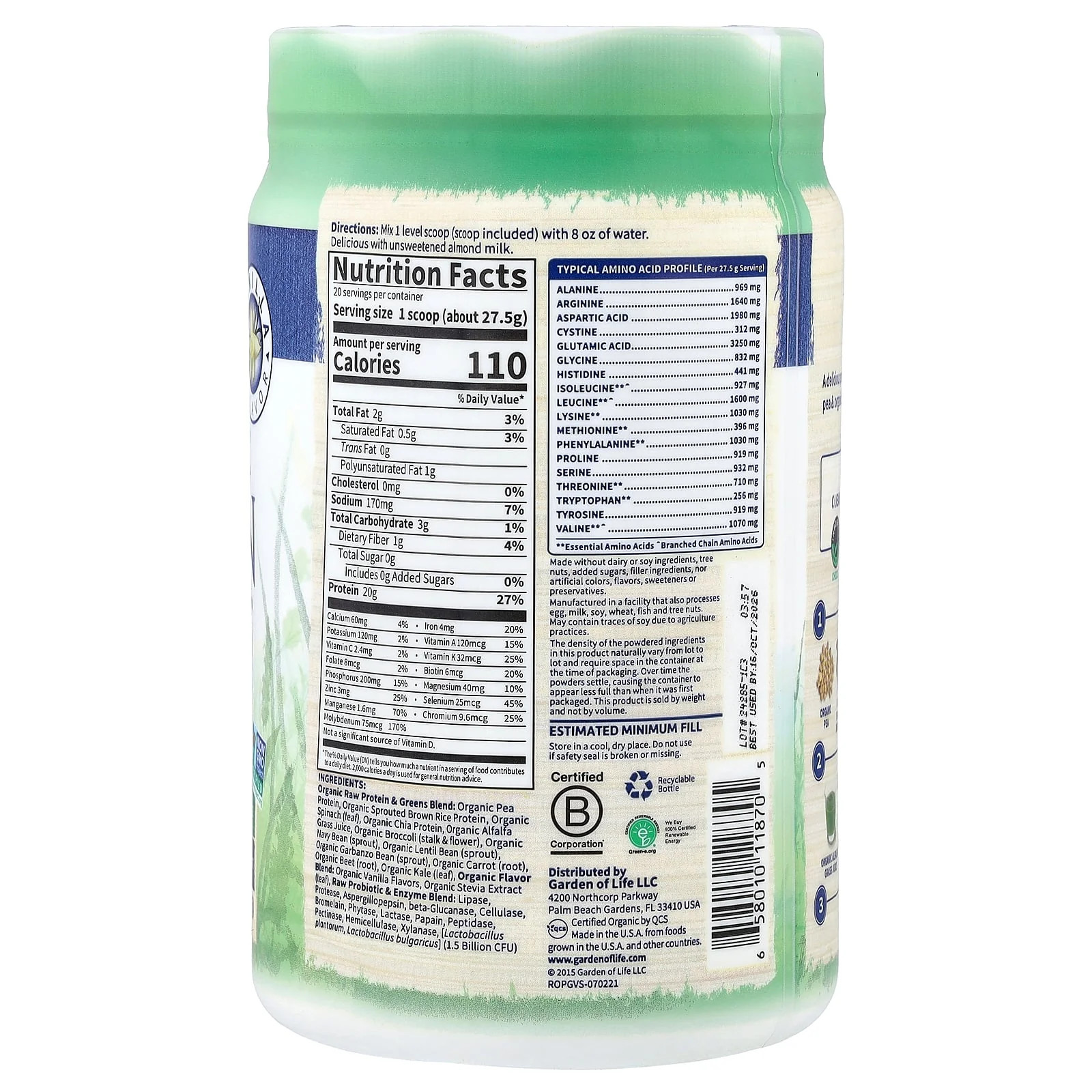 2 X Garden of Life, Raw Organic Protein & Greens, Vanilla, 1 lb 3.4 oz (550 g)