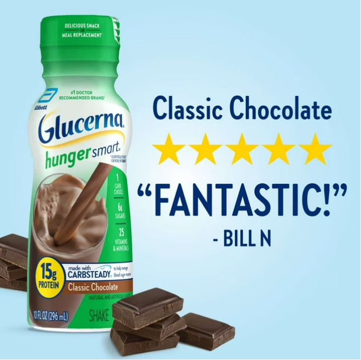 Glucerna Hunger Smart Diabetic Protein Shake, Classic Chocolate,10 fl oz,24Count