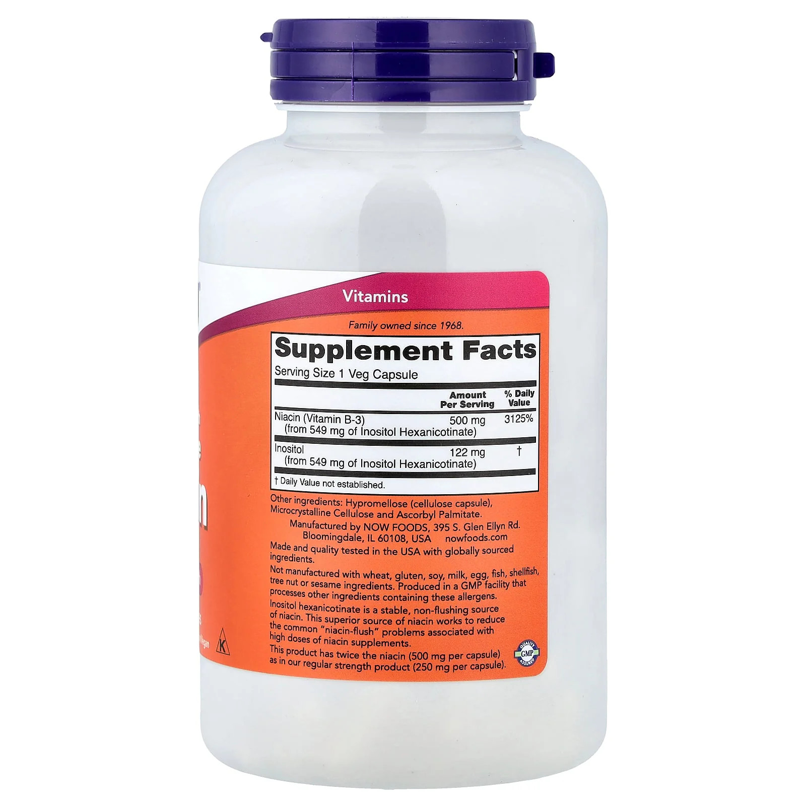 2 X NOW Foods, Flush-Free Niacin, 500 mg, 180 Veg Capsules
