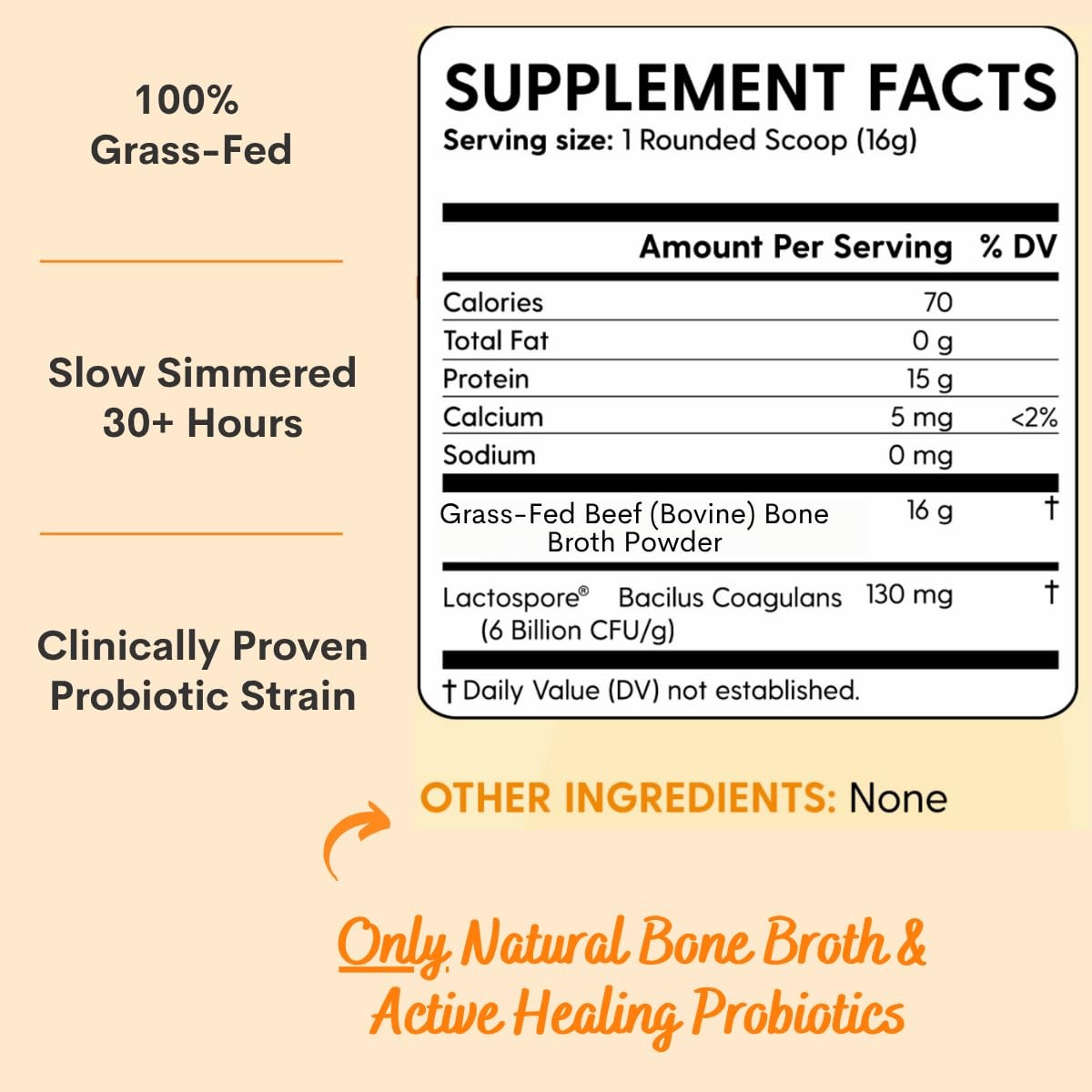 Grass-Fed Beef Bone Broth Powder with Probiotics, Collagen, 15g Protein, Keto