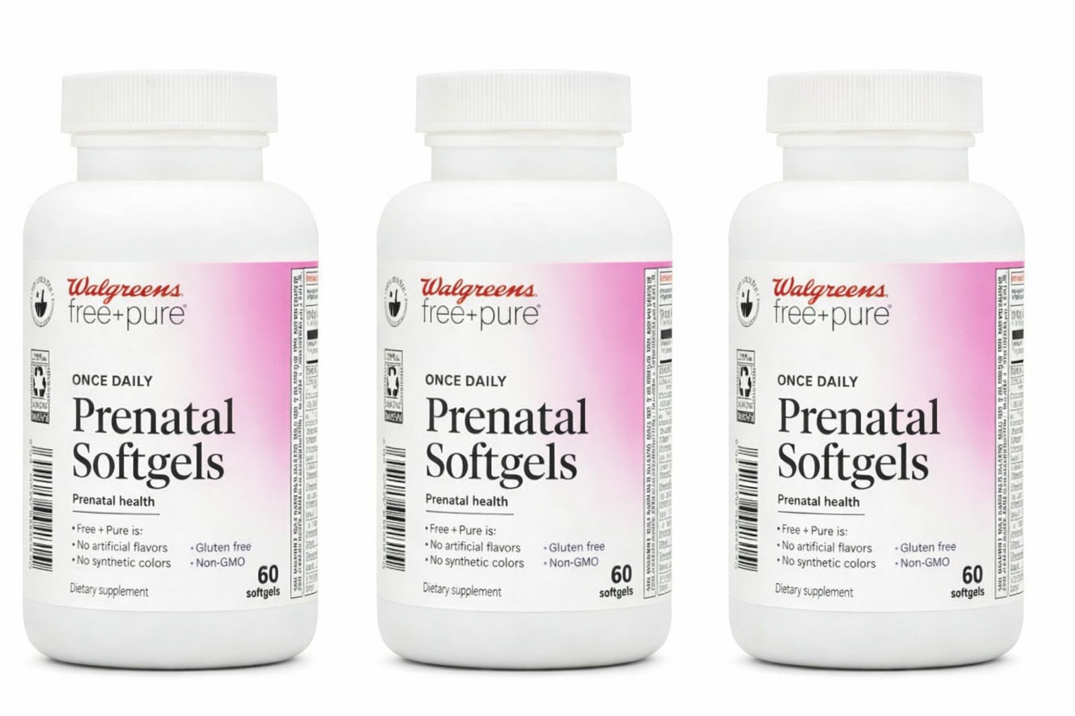 Walgreens Free+ Pure Prenatal Soft gels New LOt OF 3 EXP 04/2026