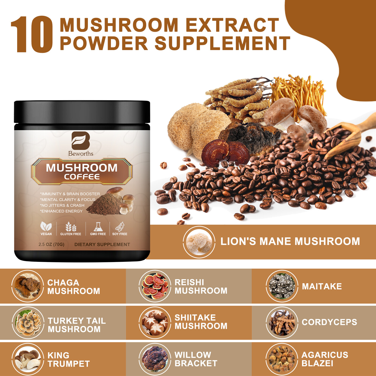 Mushroom Coffee-Organic Instant Coffee Mix with Reishi Cordyceps Lion Mane Chaga