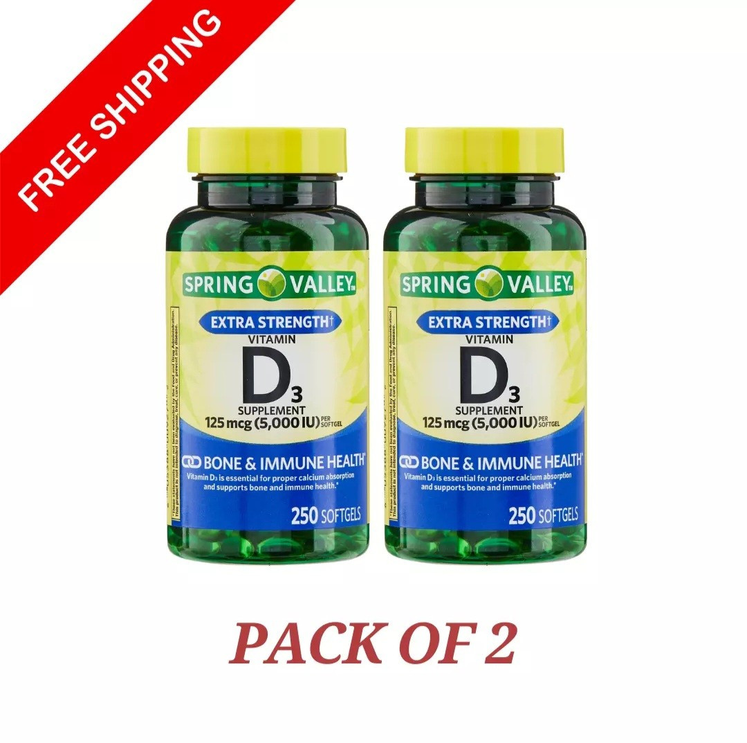 2 Pack Spring Valley Vitamin D3 Softgels, 125 mcg per Softgel, 5,000 IU, 250 Ct