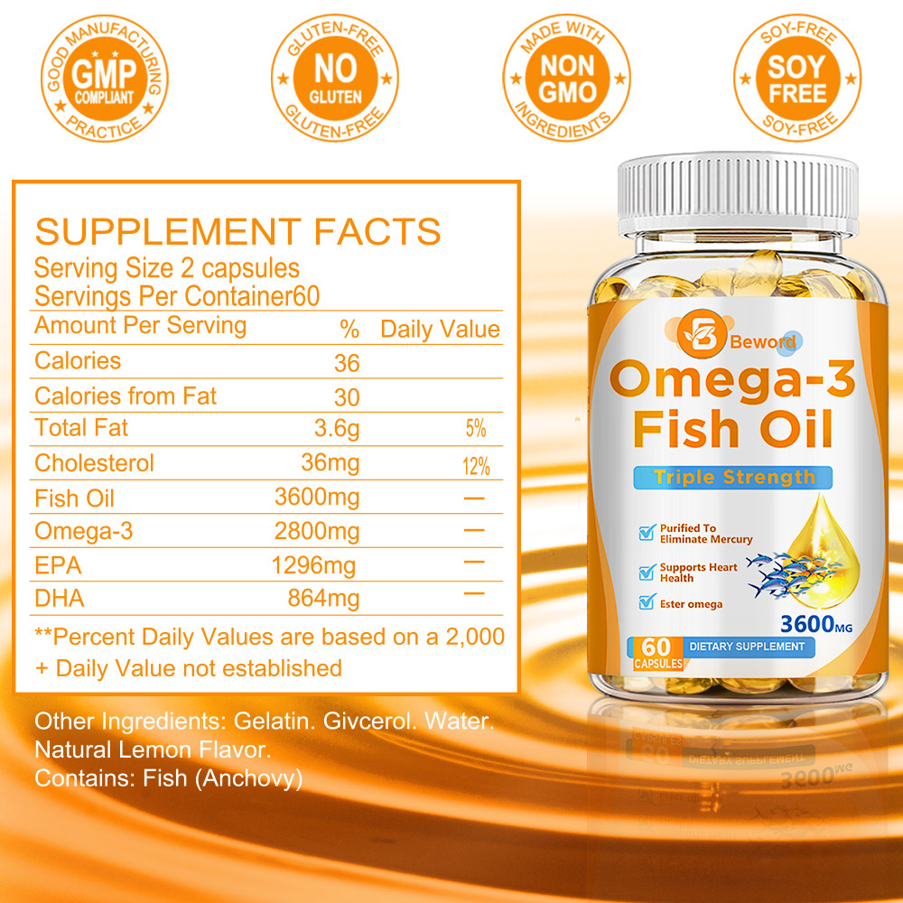 3600mg Omega 3 Fish Oil Capsules 3x Strength EPA & DHA, Highest Potency 60ct