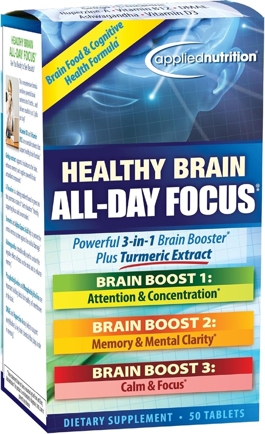 Applied Nutrition Healthy Brain All-Day Focus 50 Tablets, 3-in-1, 25 Servings 5x
