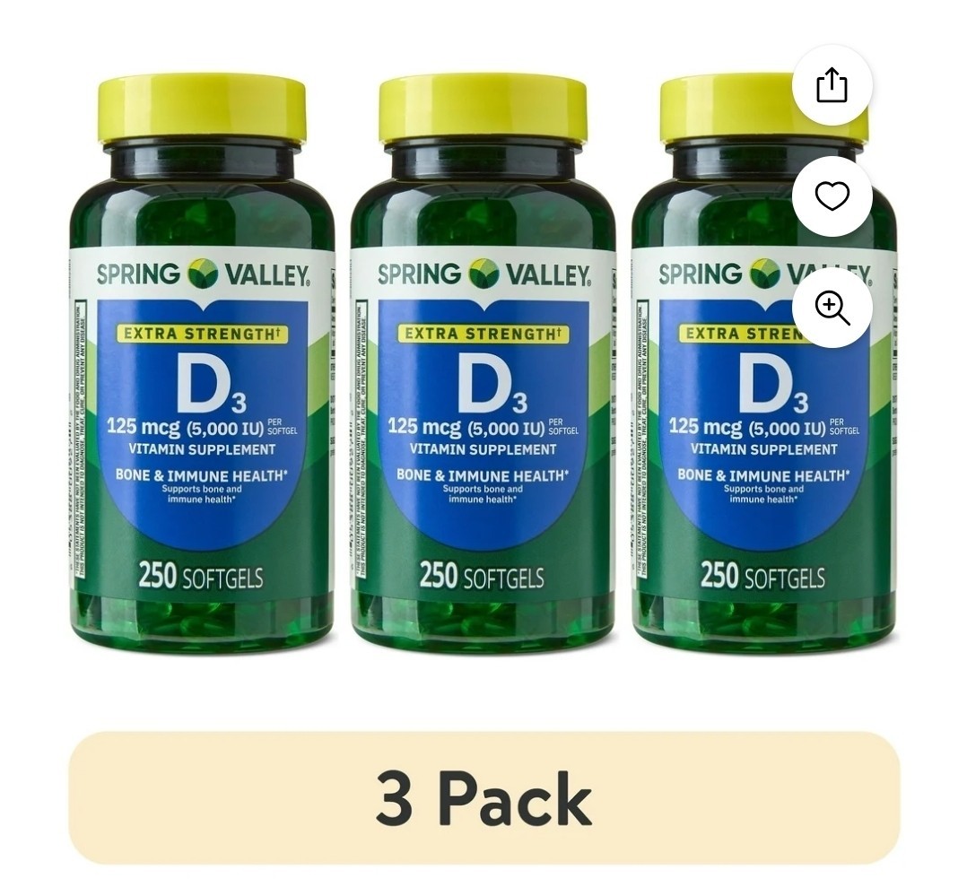 3 Pack Spring Valley Vitamin D3 Softgels, 125 mcg per Softgel, 5,000 IU, 250 Ct