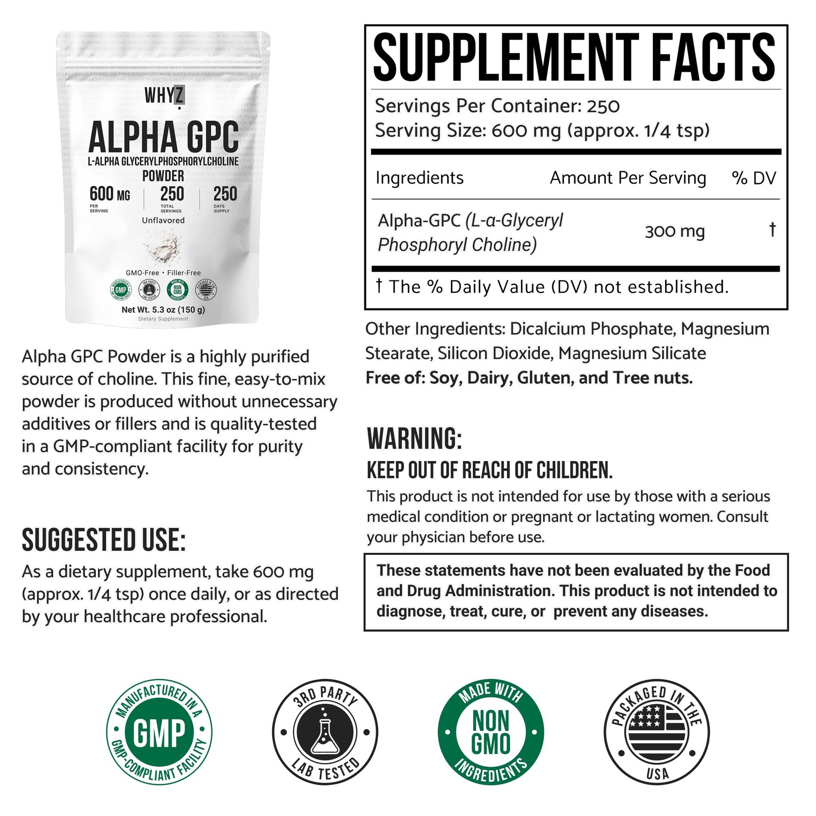 Alpha GPC Powder Alpha-Phosphorylcholine Choline 5.3 Ounce (Pack of 1)