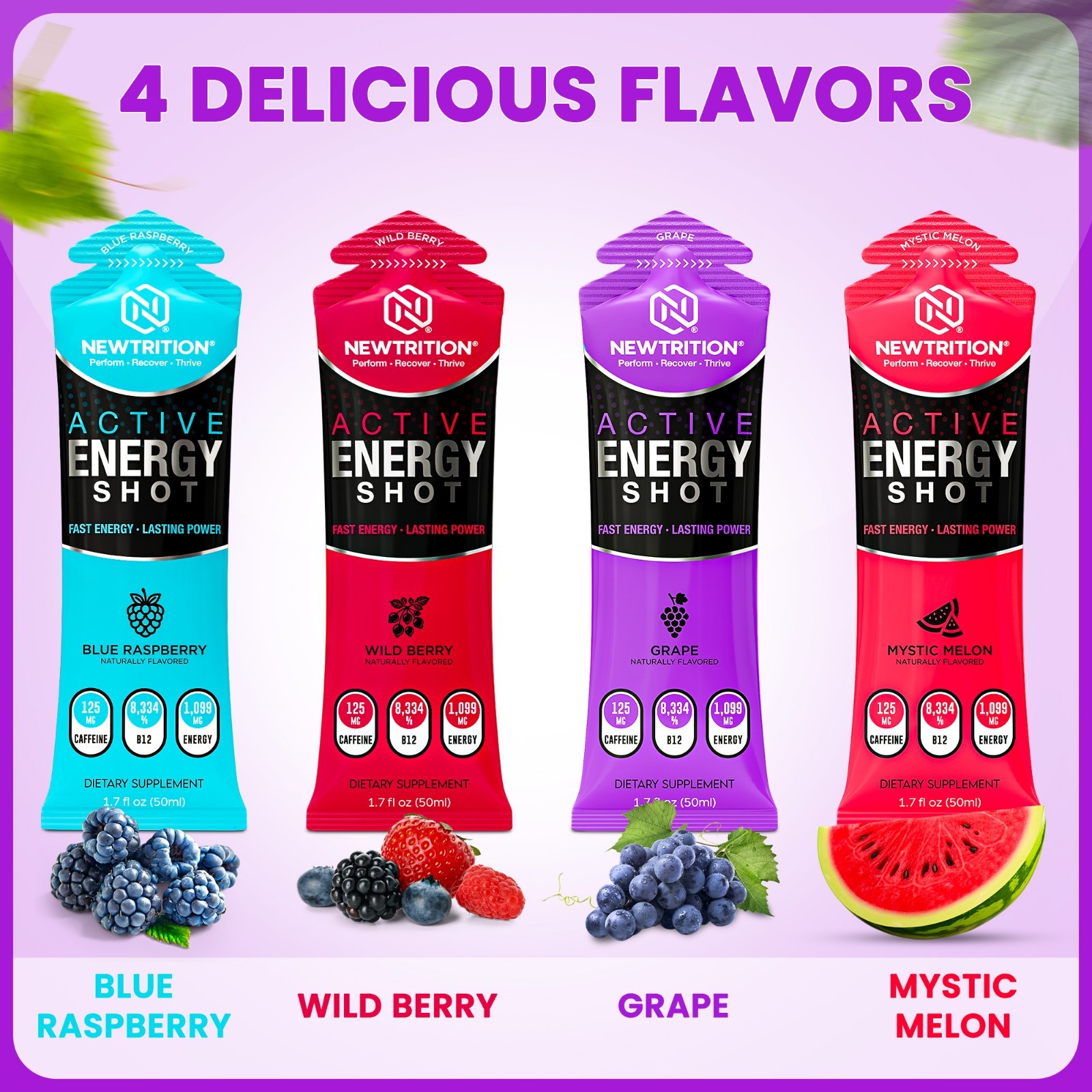NewTrition Active Energy Shots 24ct 125mg Caffeine B12 Focus Energy Drink Pouch