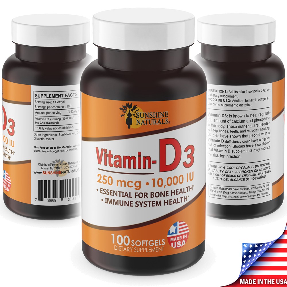 Sunshine Naturals Vitamin D3 Dietary Supplement. High Strength. 250mcg. 100 Gels