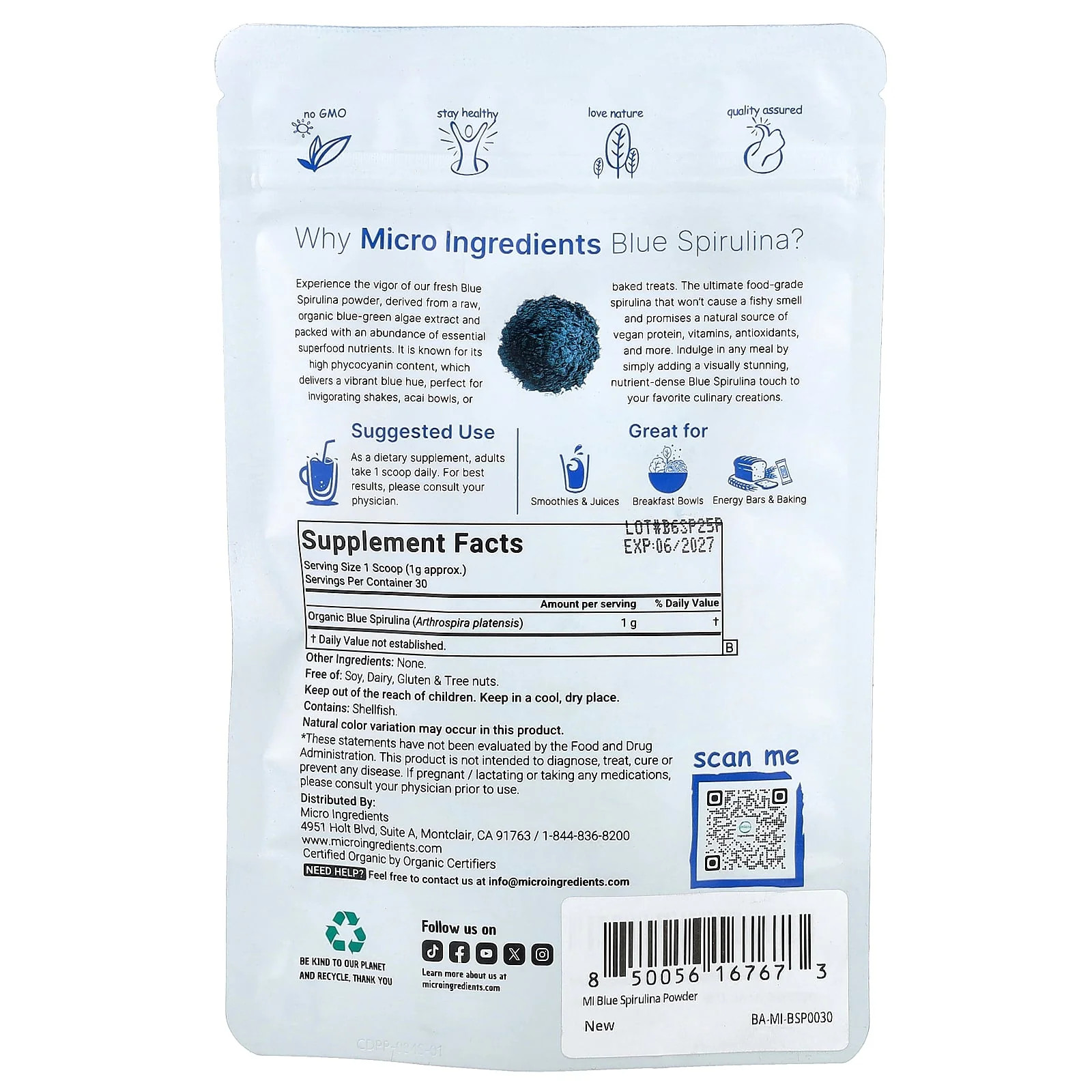 2 X Micro Ingredients, Organic Blue Spirulina, 1.05 oz (30 g)
