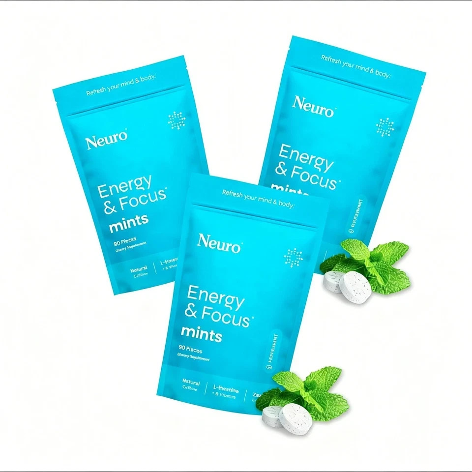 Neuro Energy & Focus mints Energy Supplement with L-Theanine & VB 90ct