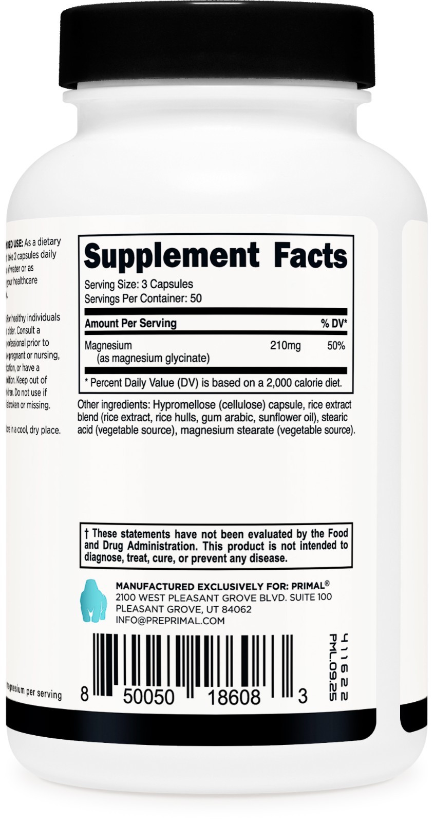 Primal Magnesium Glycinate Supplement (210mg) 150 Capsules – 50 Servings