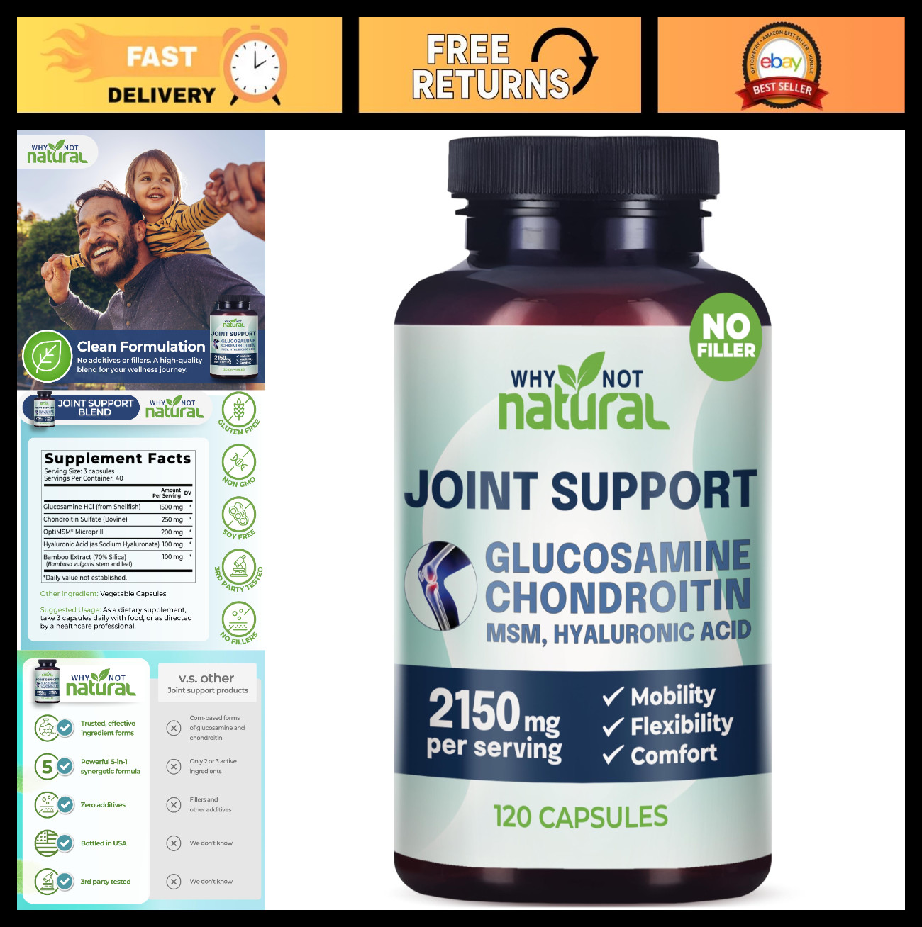 Natural Glucosamine Chondroitin MSM Joint Support – Knee Pain Relief Supplement