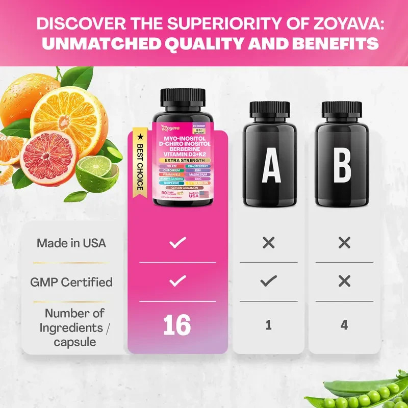 Zoyava Myo-Inositol D-Chiro Inositol Berberine D3+K2 90 Caps Exp 2027+