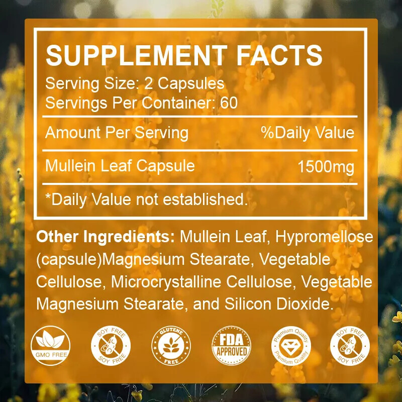 Mullein Leaf 120 Capsules For Lung Cleansing & Detox Herbal Dietary Supplement