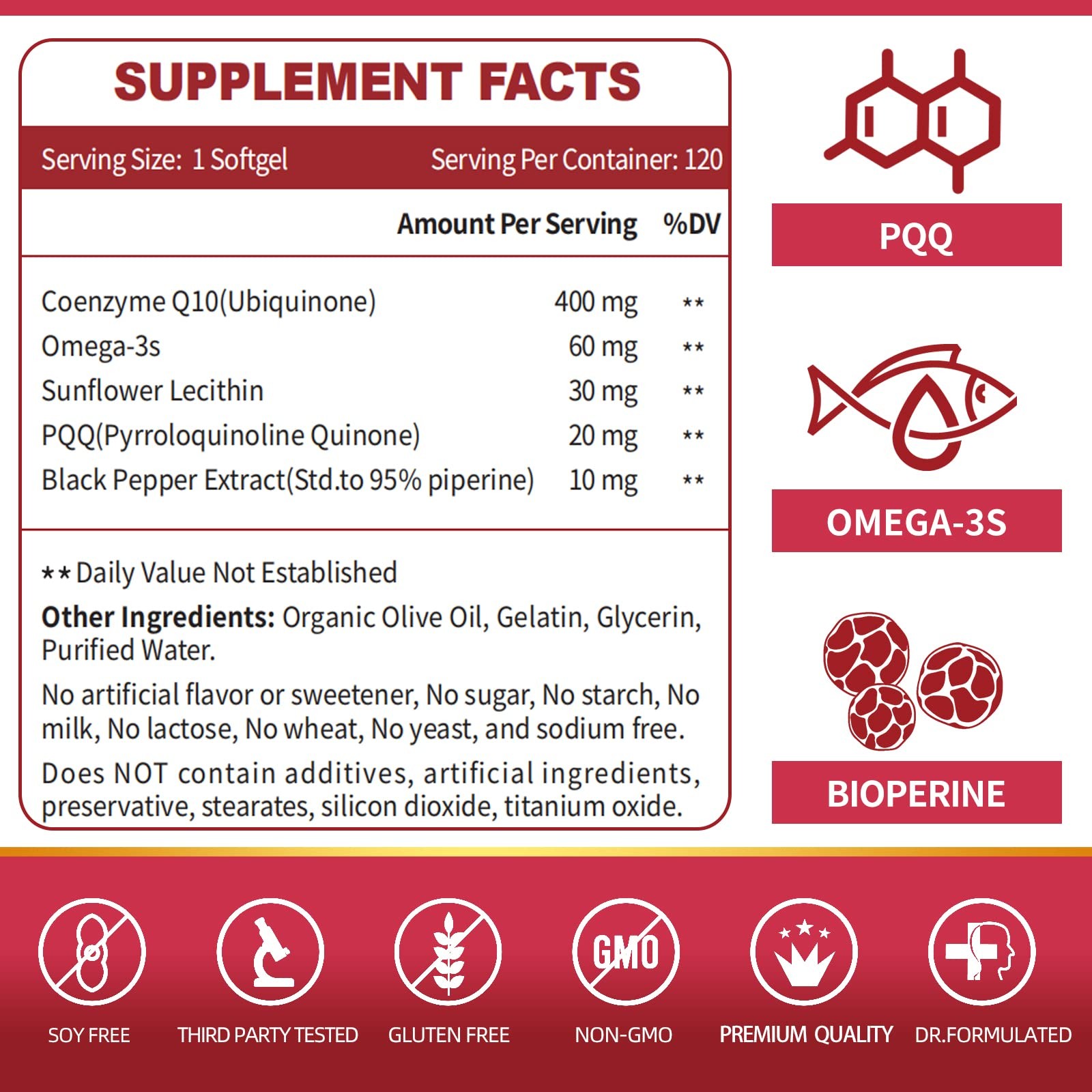 ZEBORA CoQ10-400mg-Softgels with PQQ, BioPerine 120 Count (Pack of 1), Coq10