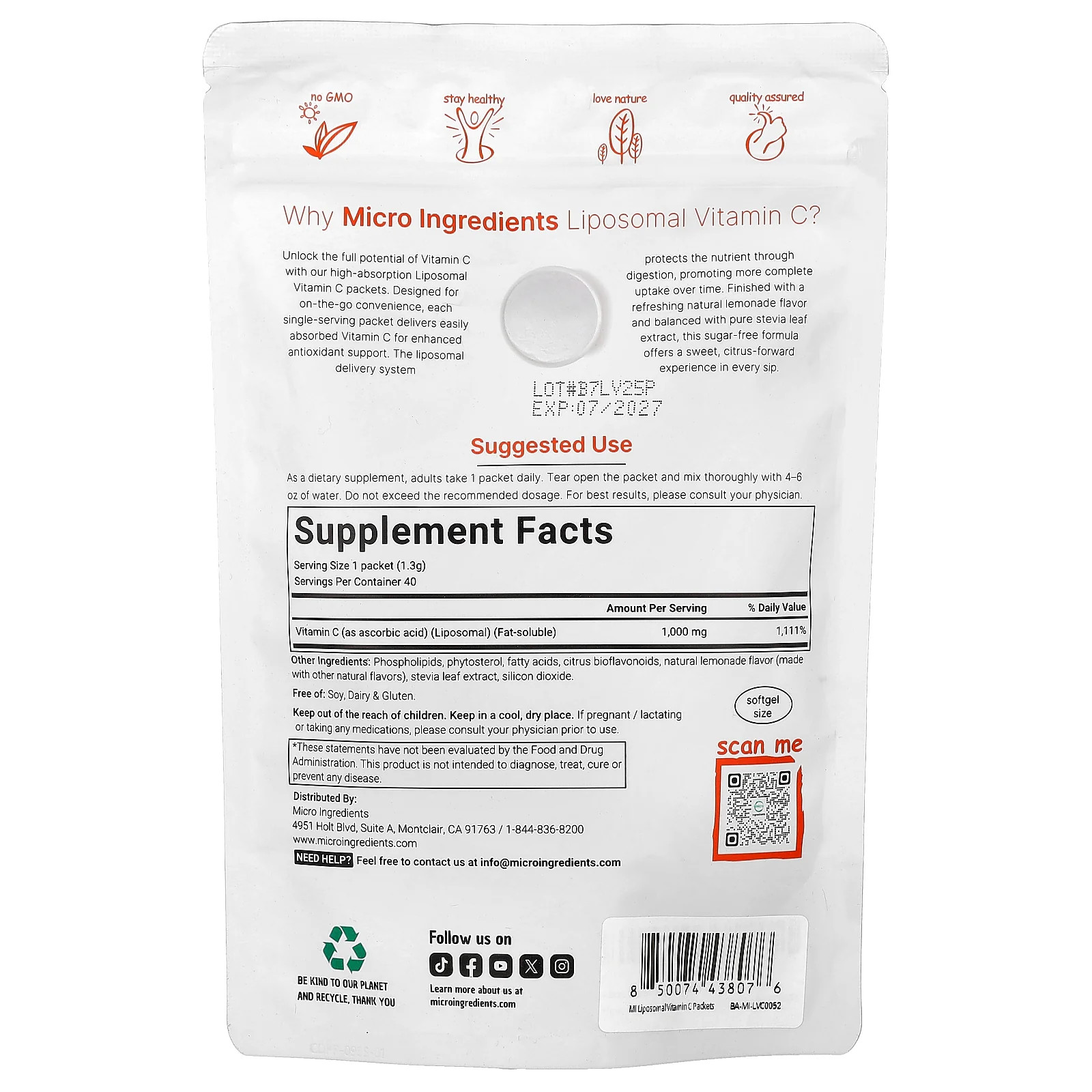 2 X Micro Ingredients, Liposomal Vitamin C, Lemonade, 40 Packets, 0.046 oz (1.3