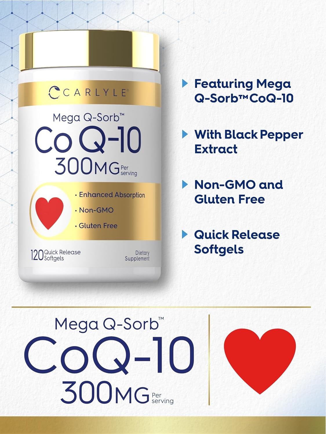 CoQ10 300mg | 120 Softgels | with Black Pepper Extract | Non-GMO | by Carlyle