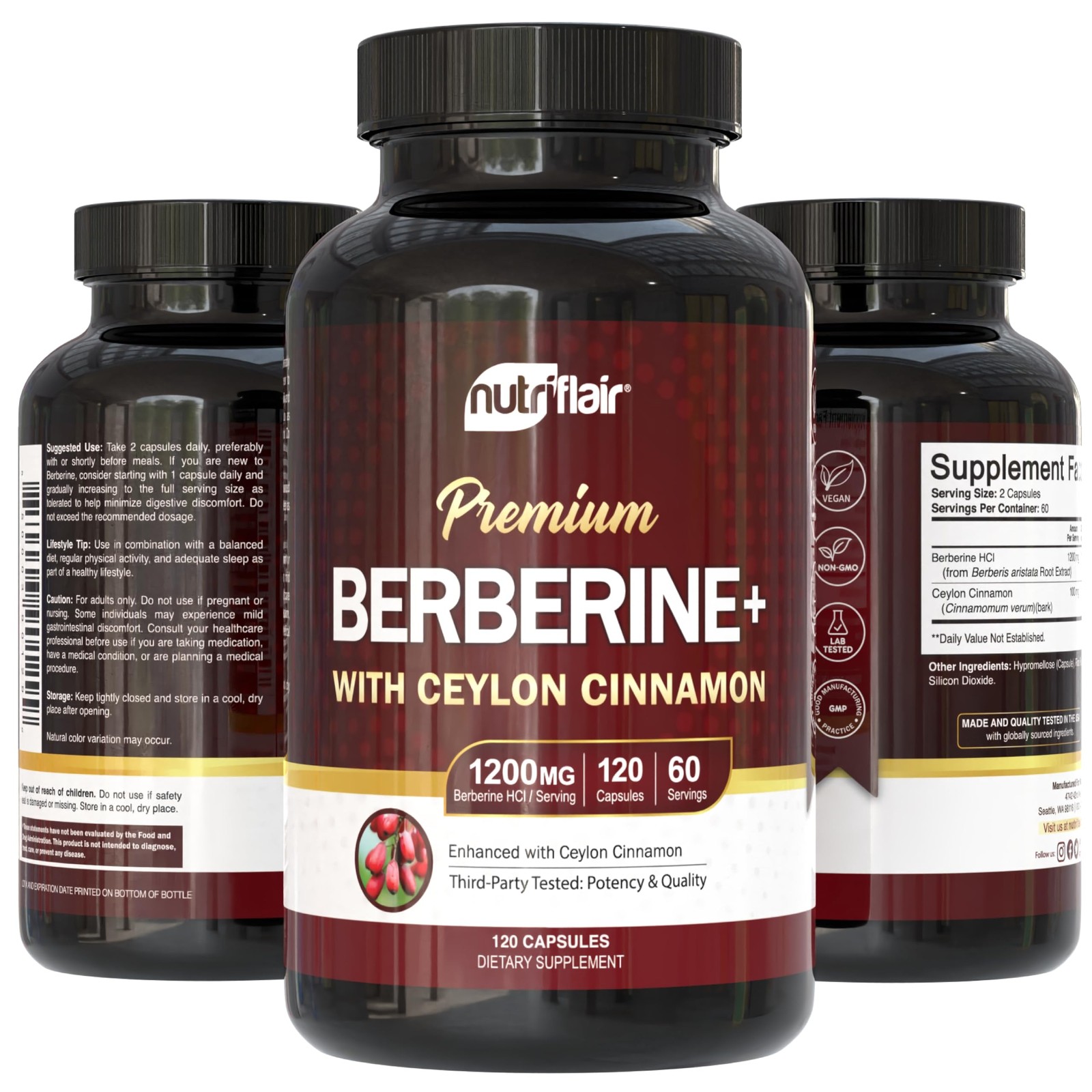 Berberine HCl 1200mg, 120 Capsules – Plus Ceylon Cinnamon, Berberine HCI Root…