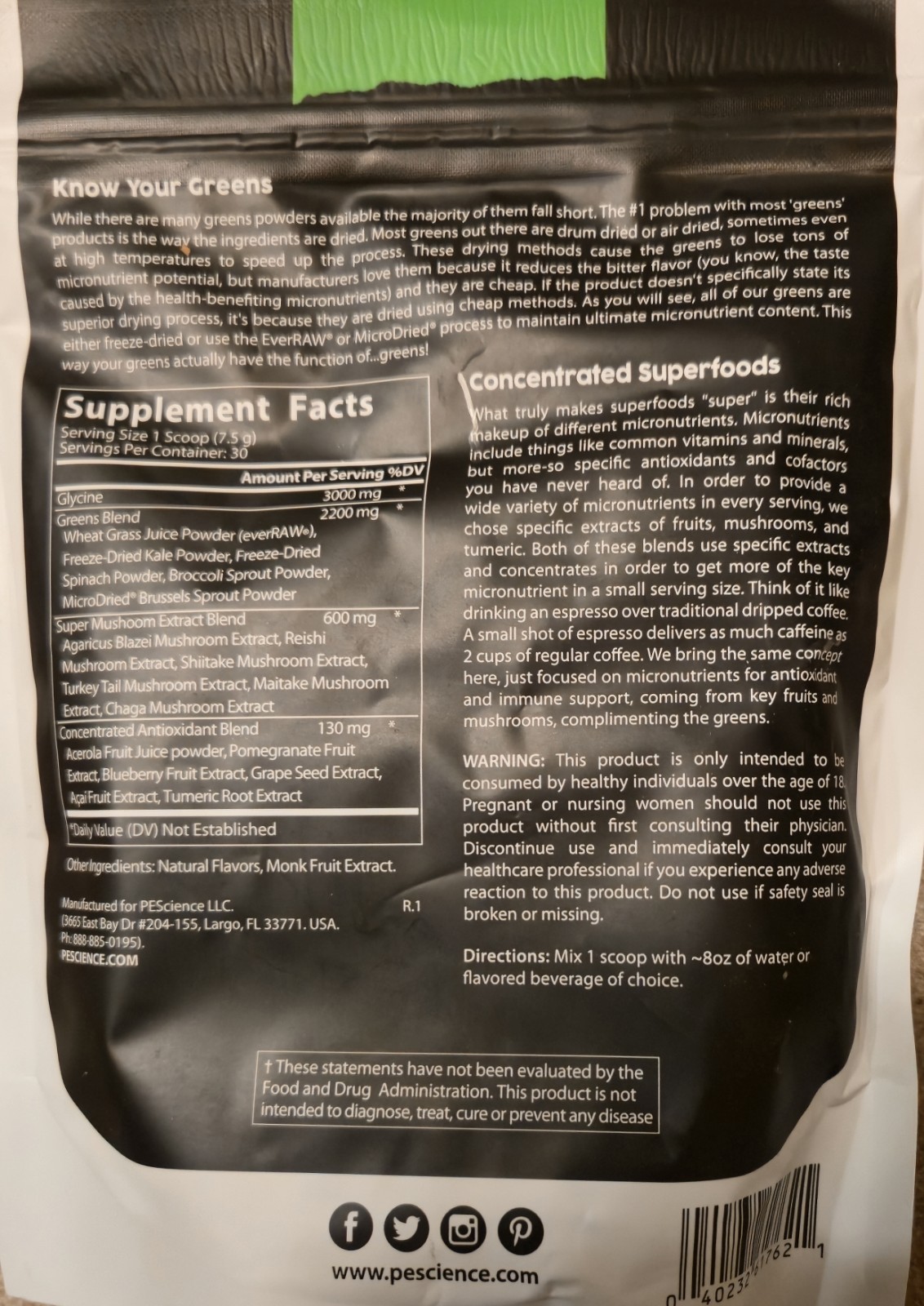 PEScience GREENS & SUPERFOODS 8 oz Size (30 Serv) Natural Lime Flav BEST BY 4/26