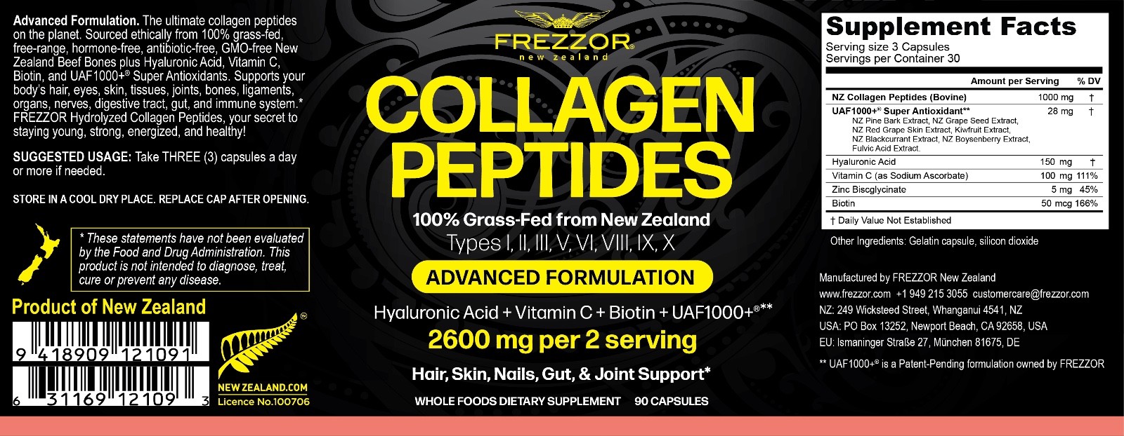 FREZZOR Collagen Peptides 100% Grass-Fed Collagen Anti-Aging 90 Capsules 1-Pack