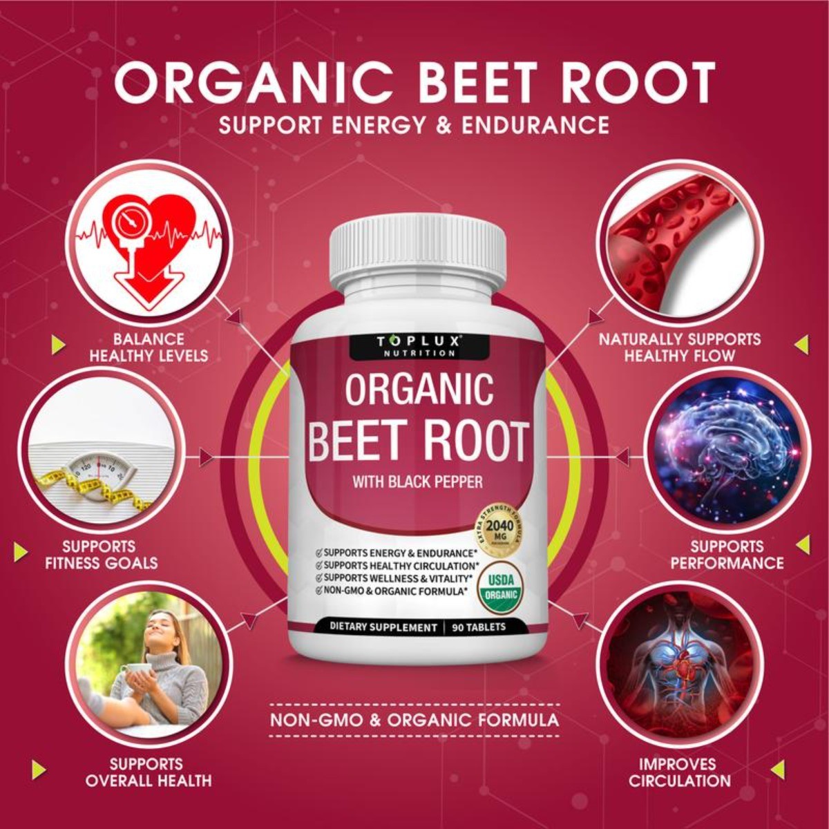 Toplux Organic Beet Root Tablets–Nitric Oxide Booster for Heart Health