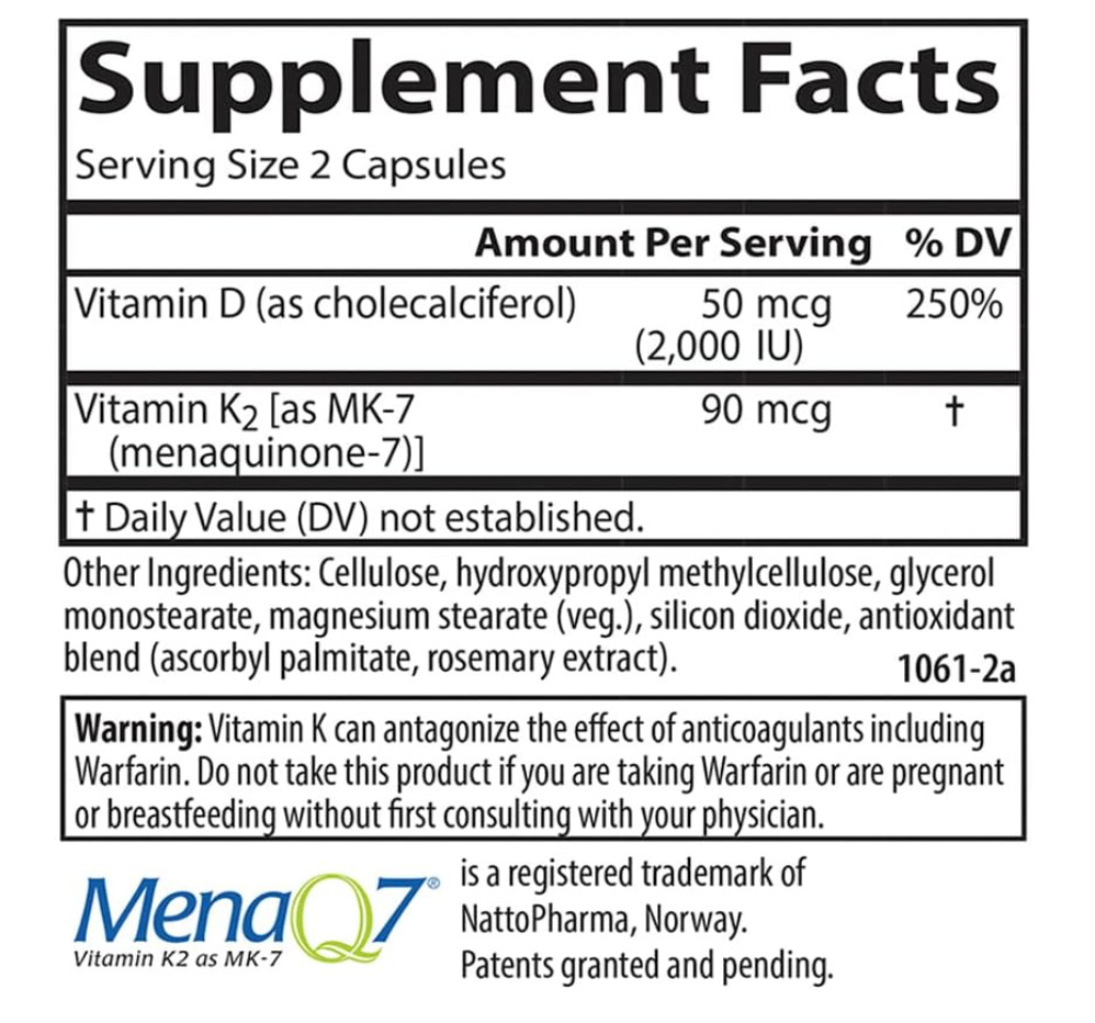Carlson Vitamin D3 2000 IU + K2 MK7 90mcg – 60 Caps – Bone Support – Exp 07/28