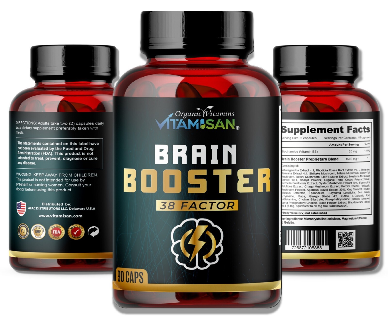 Vitamisan Brain Booster 90 caps – Focus, Memory, mood, Nootropic Supplement