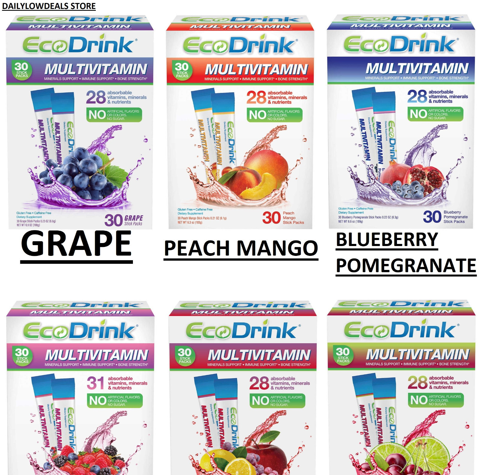 EcoDrink Complete Multivitamin Drink Mix 30 Packs GRAPE, BERRY, FRUIT PUNCH more