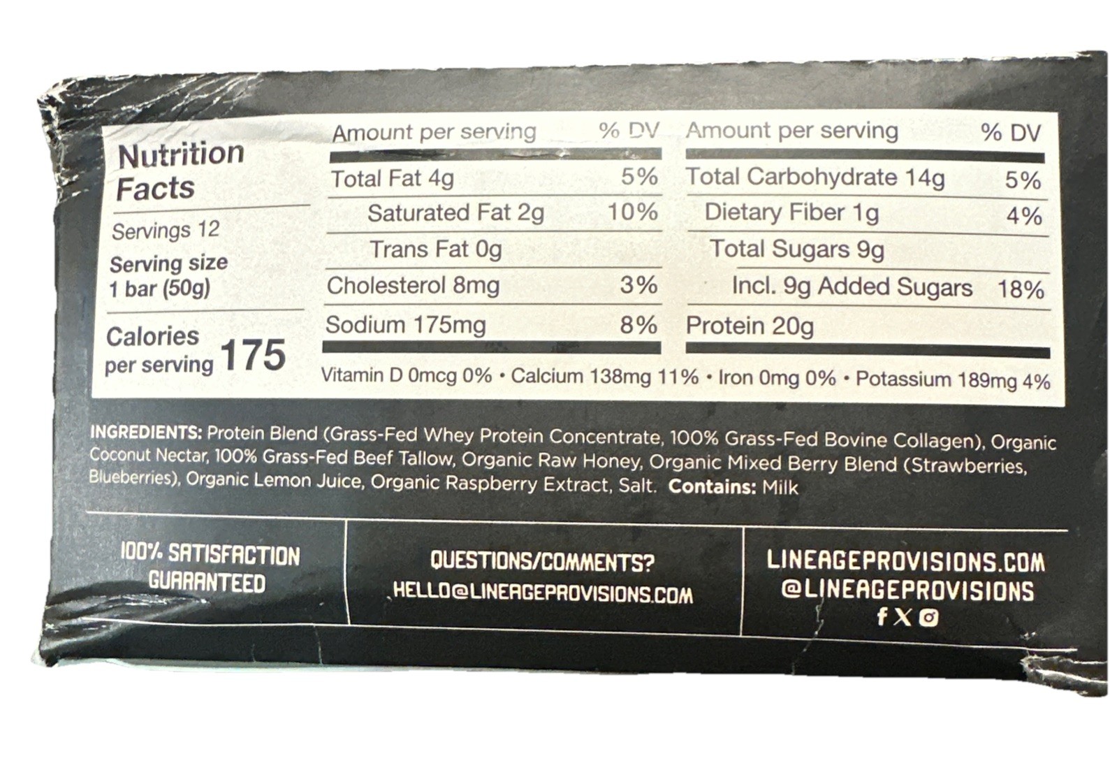 💪LINEAGE Mixed Berry Protein Bar 20g Protein Grass-Fed Grain-Free Non-GMO 05/27