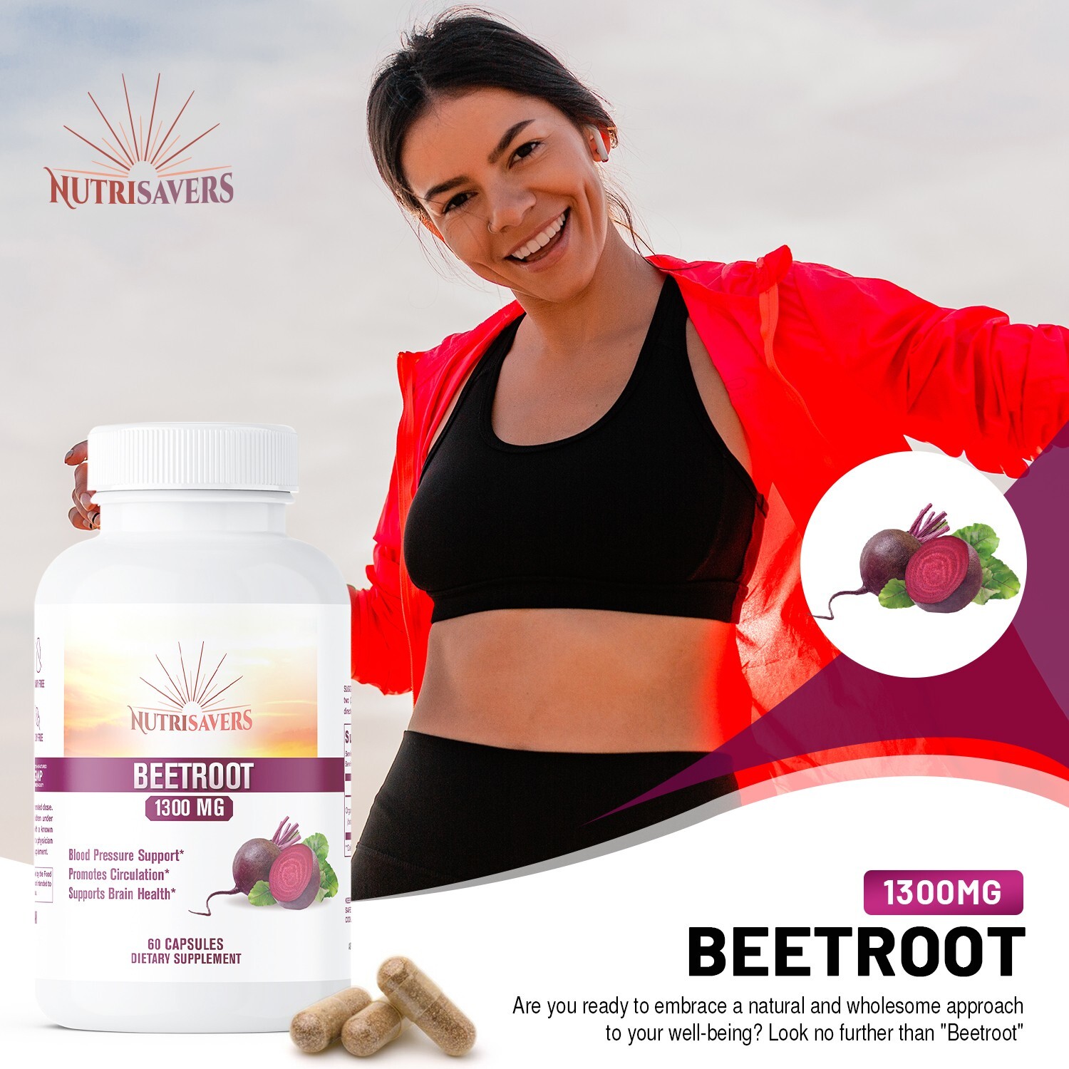 Nutri Saver Beetroot 1300mg – Non GMO & Gluten-Free – 60 Capsules, Pack of 2