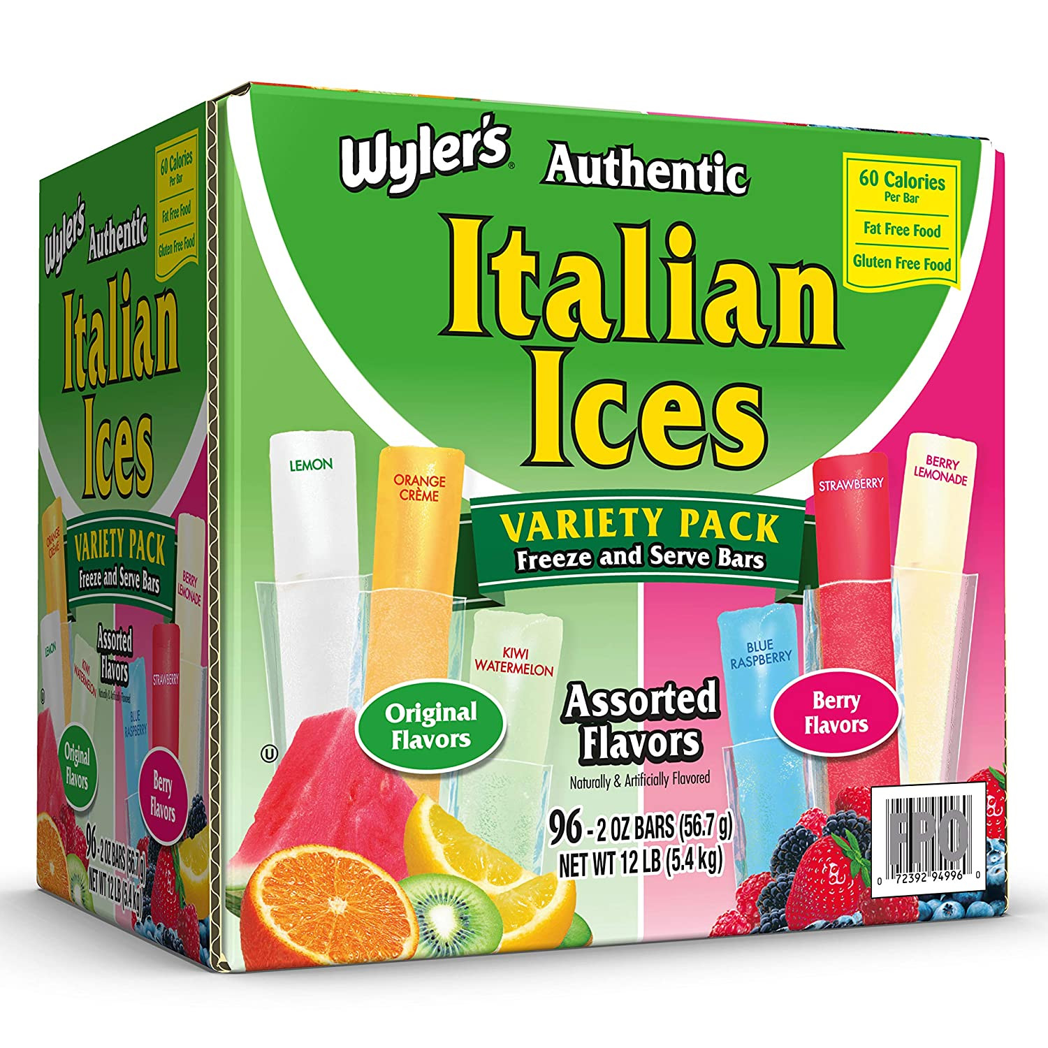 Wyler’S Authentic Italian Ice Fat Free Freezer Bars Original Flavors, 96 Count