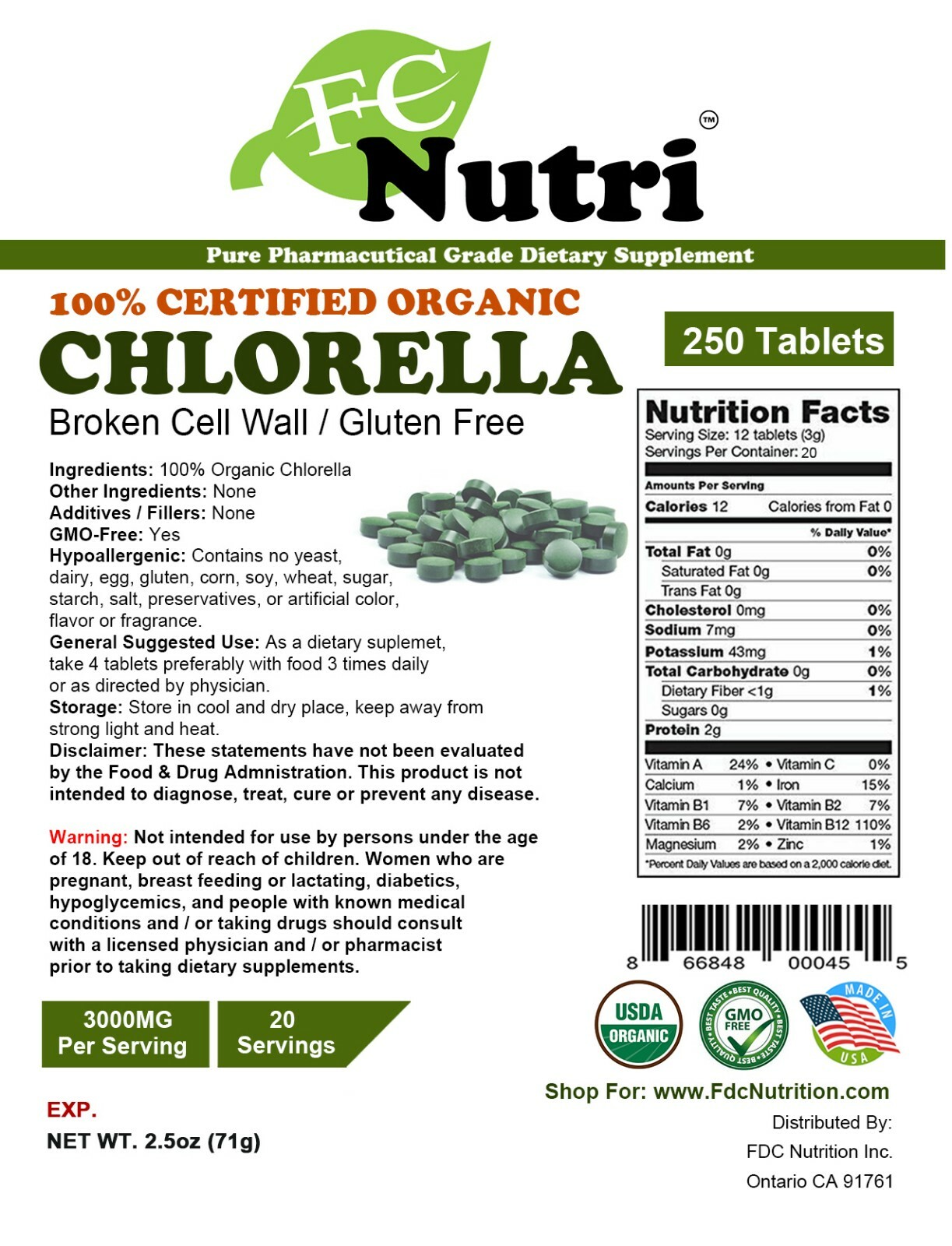 Organic Chlorella Tablets Broken Cell 3000mg Per Serving, 250 Tablets Non GMO