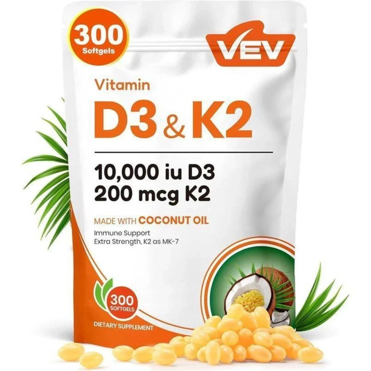 VEV D3 K2 10000 IU Softgels featuring Coconut Premium Essential Oil, 2-in-1