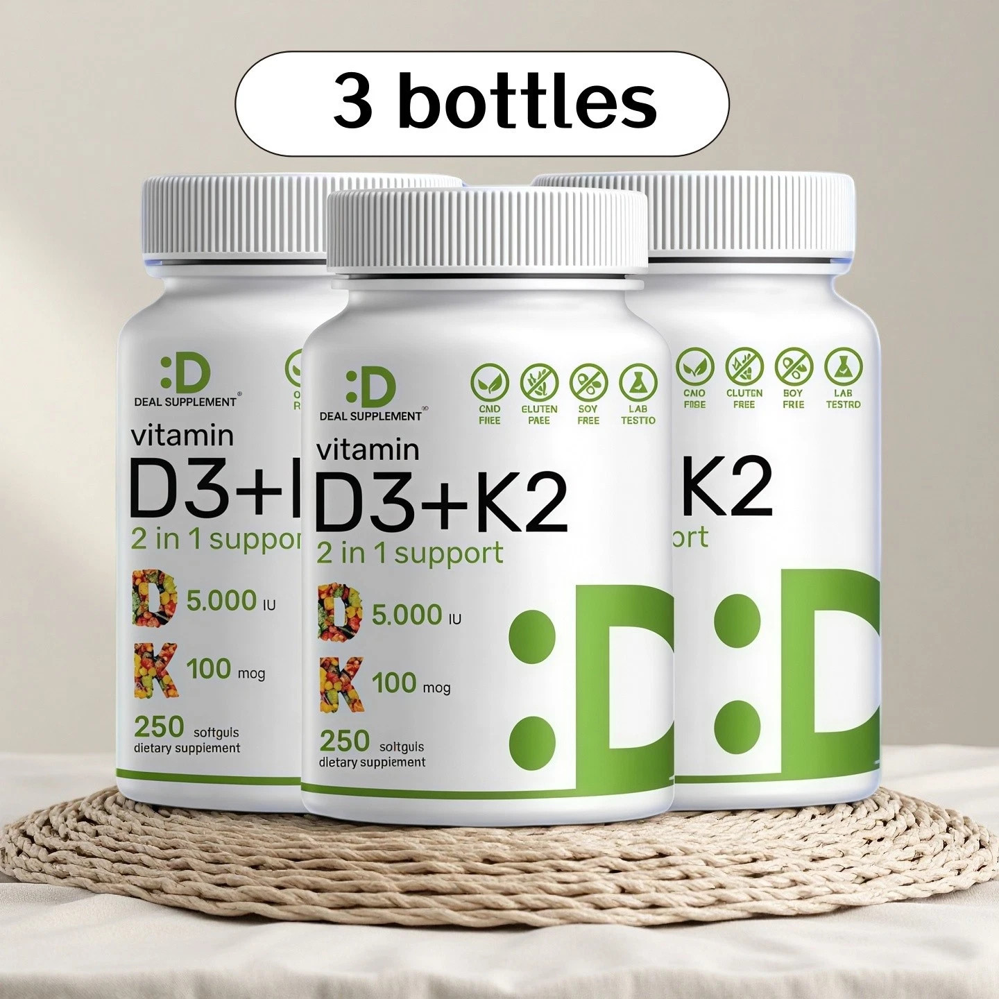 3 BOTTLES DEAL SUPPLEMENT Vitamin D3 K2 5000IU Softgel, 2-1 Complex 250 Total