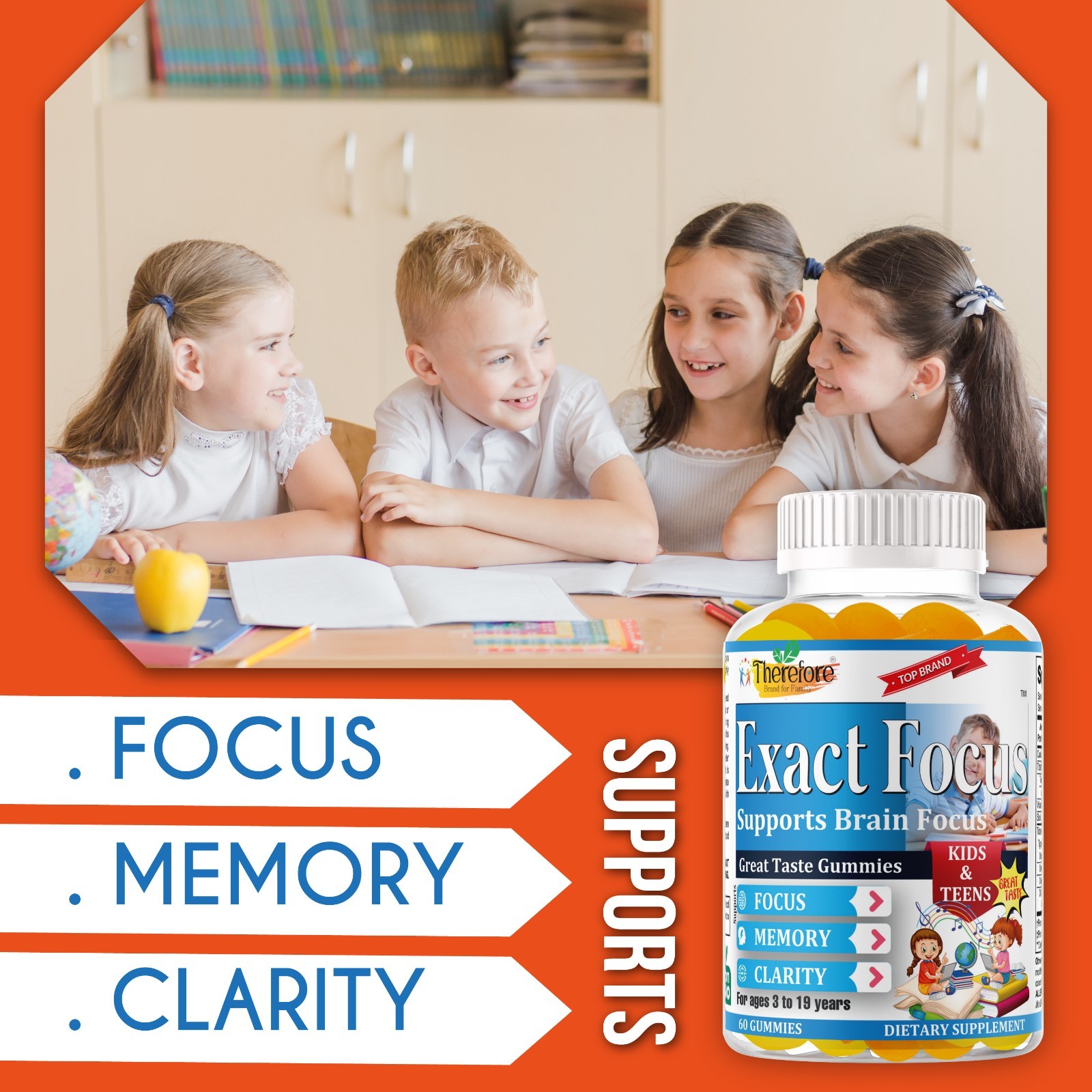 Exact Focus Brain Vitamins for Kids & Teens, Cognitive Clarity Supplement-60ct