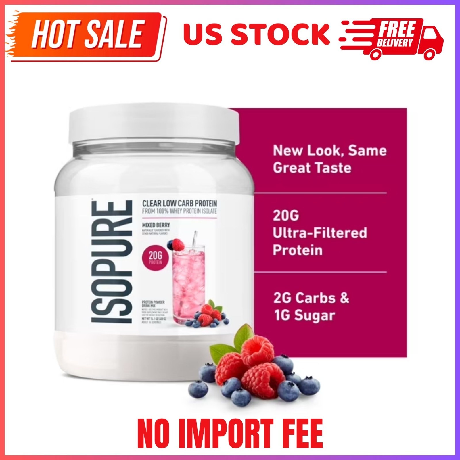 Isopure Clear Low Carb 100% Whey Protein Isolate Powder, Mixed Berry