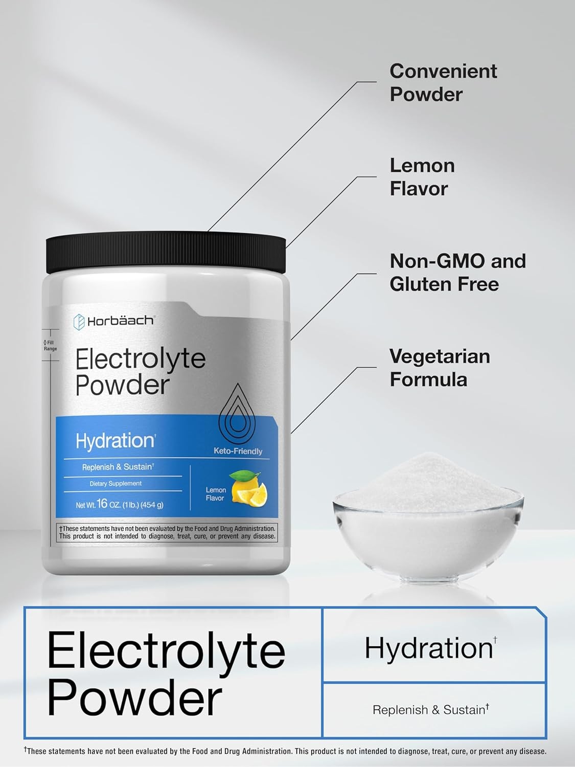 Electrolyte Powder | 16 oz | Hydration Supplement | Lemon Flavor | by Horbaach