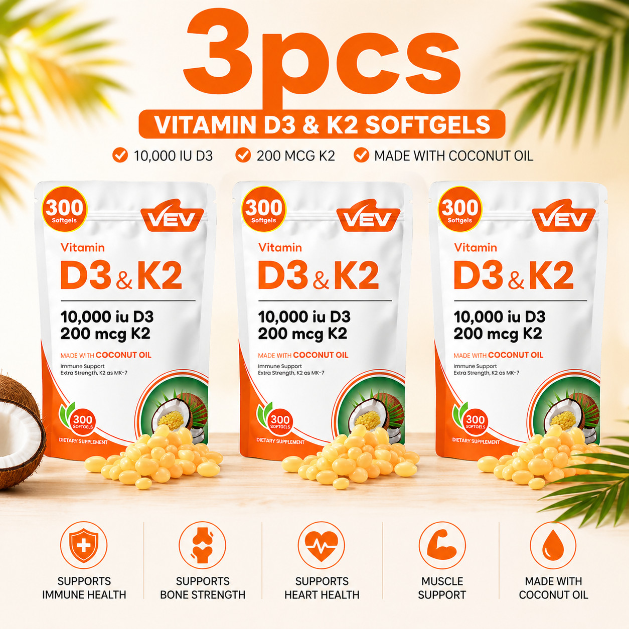 VEV D3 K2 10000 IU 3 Pack 900 Softgels Coconut Premium Essential Oil Immune