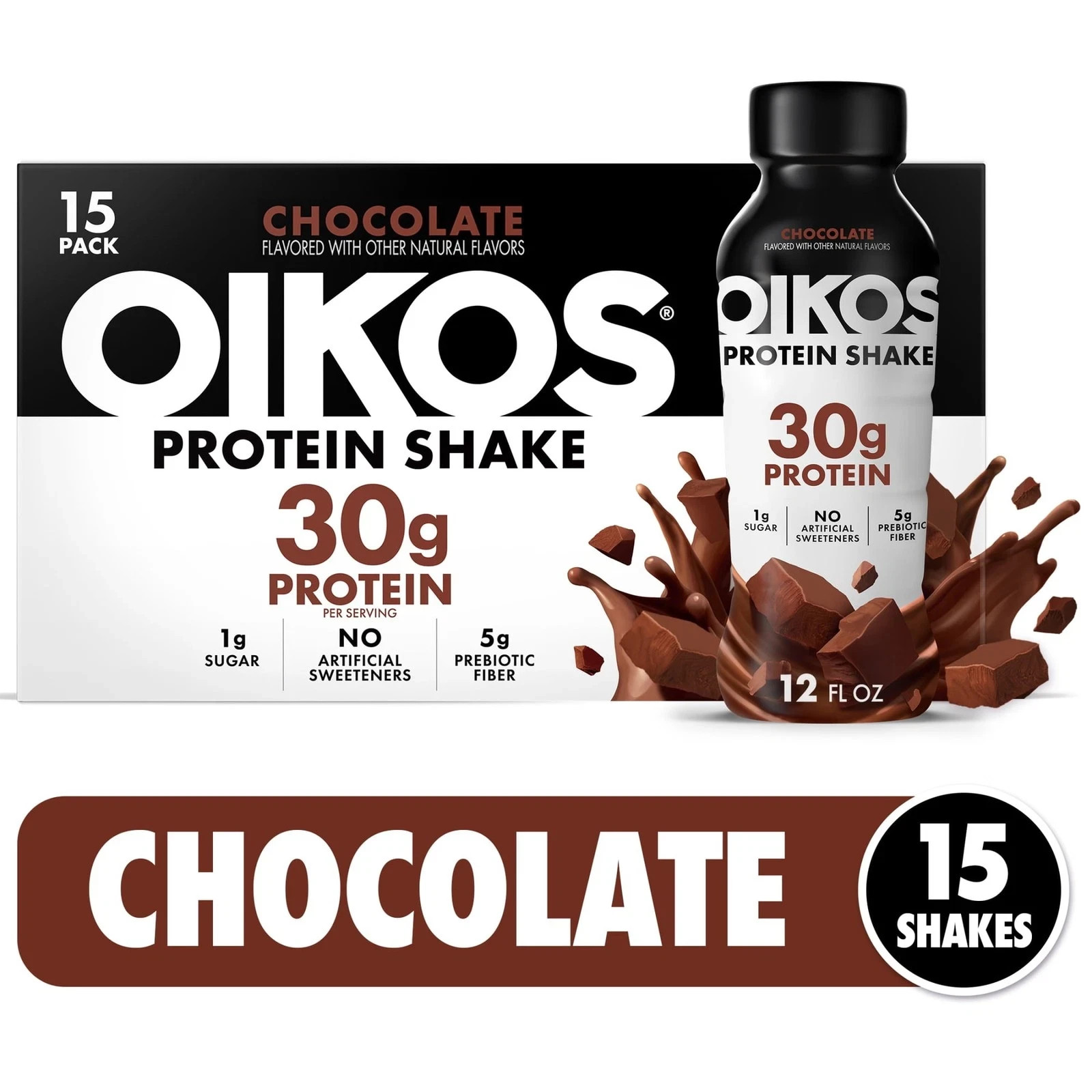 Oikos Protein Shake, Chocolate, 30g Protein, Shelf Stable, 12 Fl Oz Bottle 15 Ct