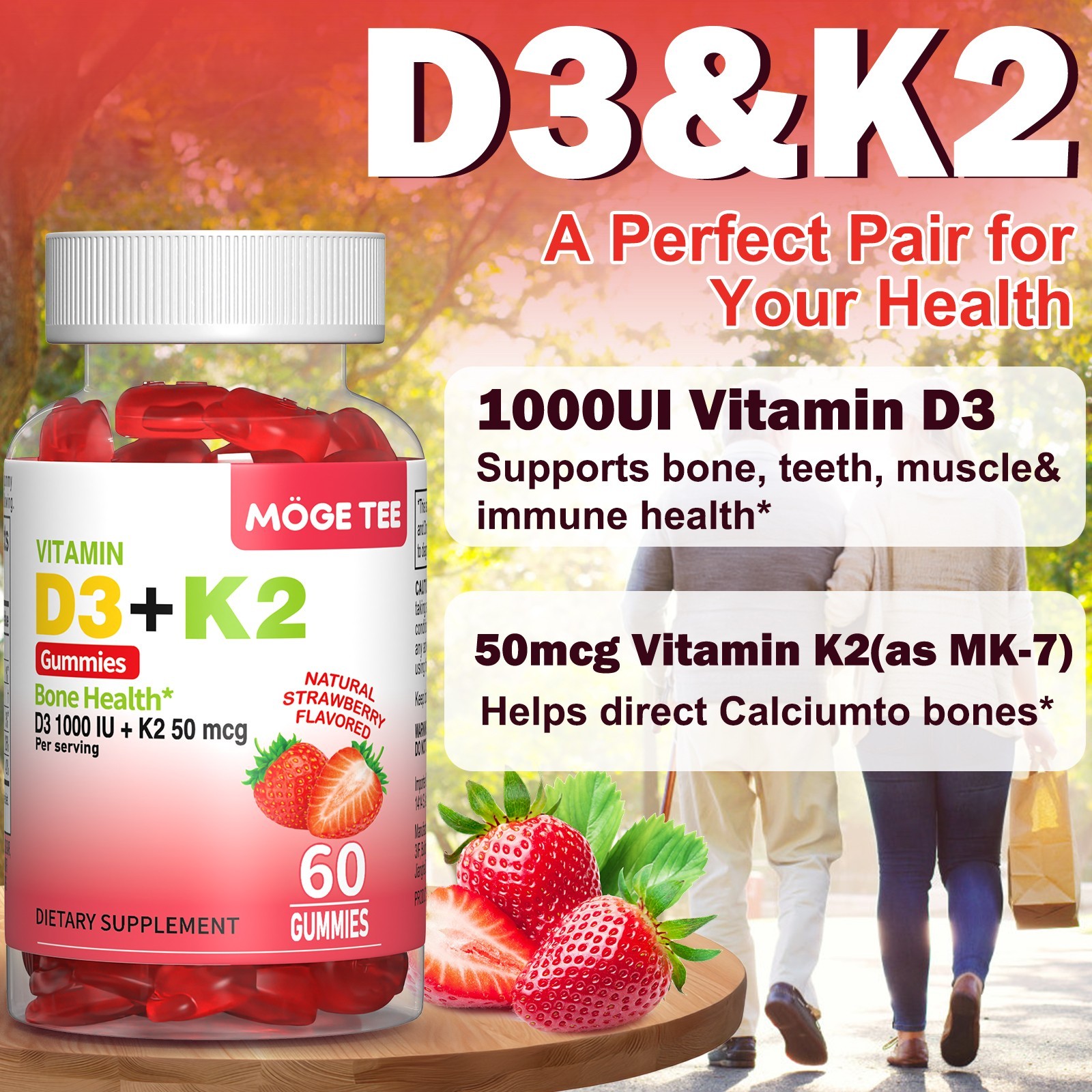 Vitamin D3 K2 Gummies – 60 Count – Support Bone Heart Immune Health, Strawberry