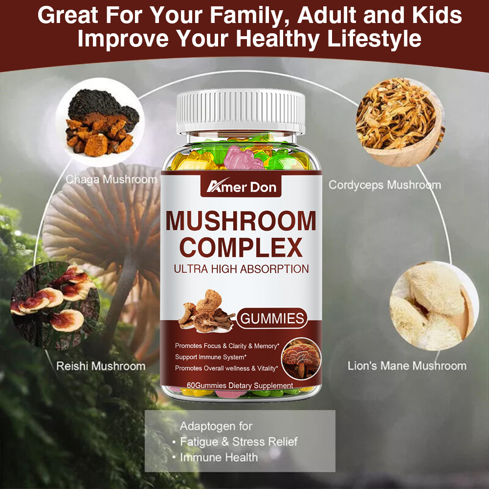 Mushroom Gummies Supplement 2500mg 10 Mushrooms Blend Reishi, Lions Mane US SHIP