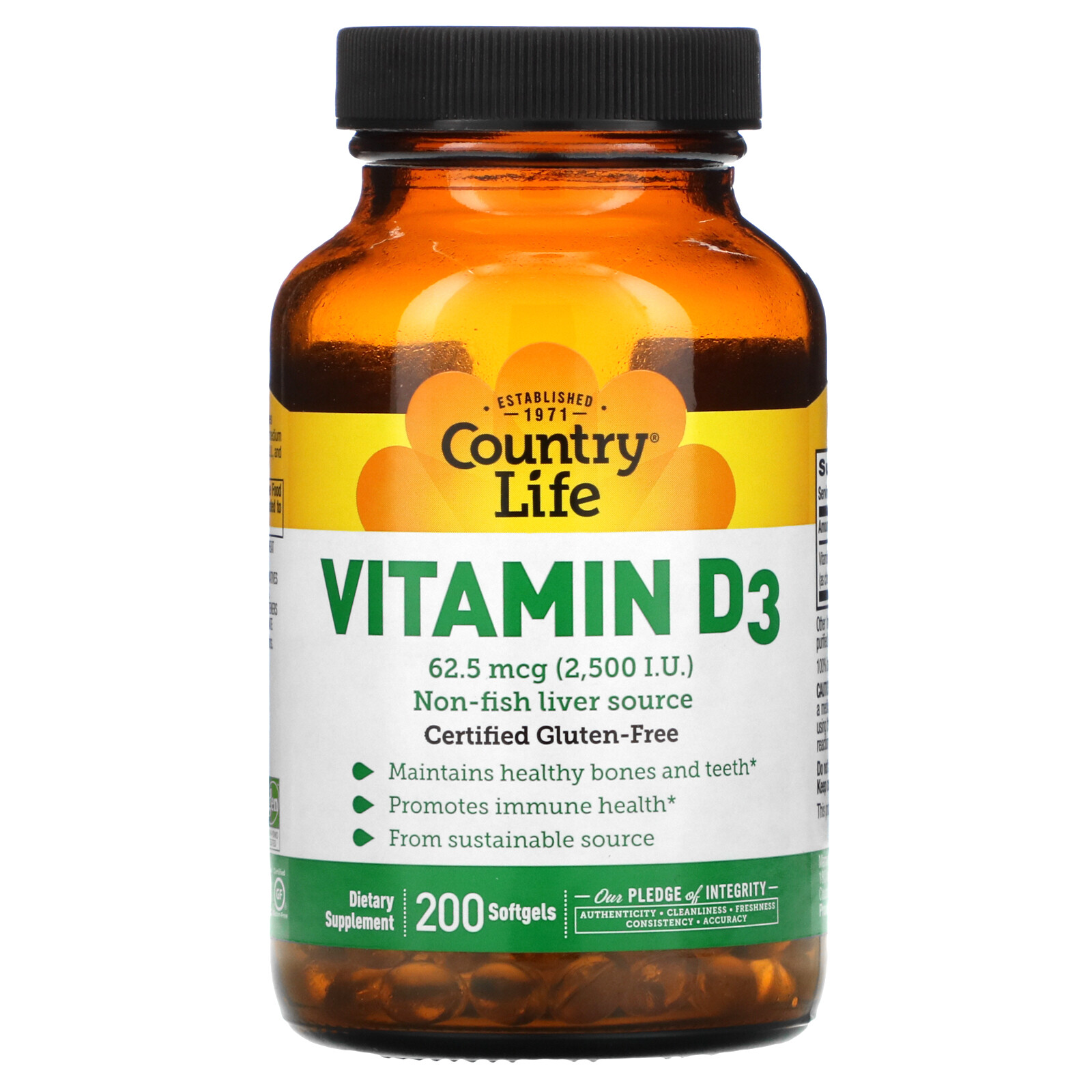 Country Life Vitamin D3 2500 I U 200 Softgels Gluten-Free, Milk-Free, No