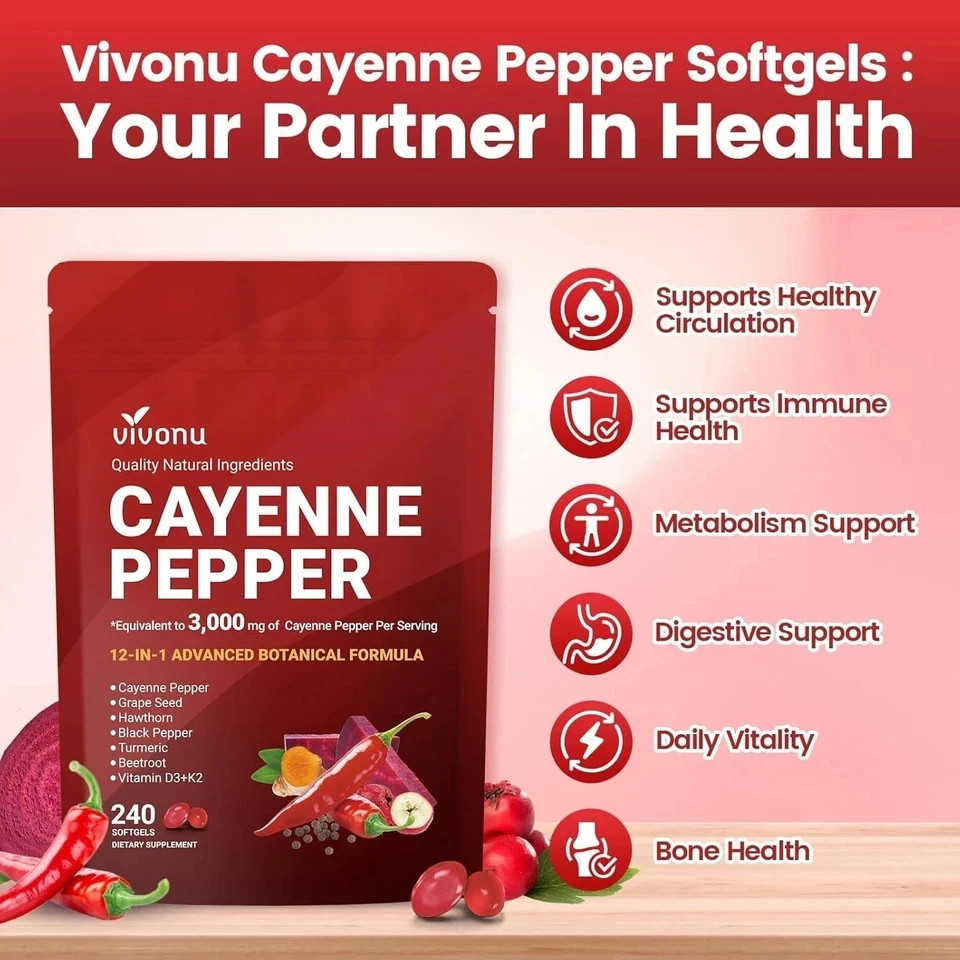 Cayenne Pepper Softgels 3000mg, 12-in-1 Heart & Circulation Support 240Ct