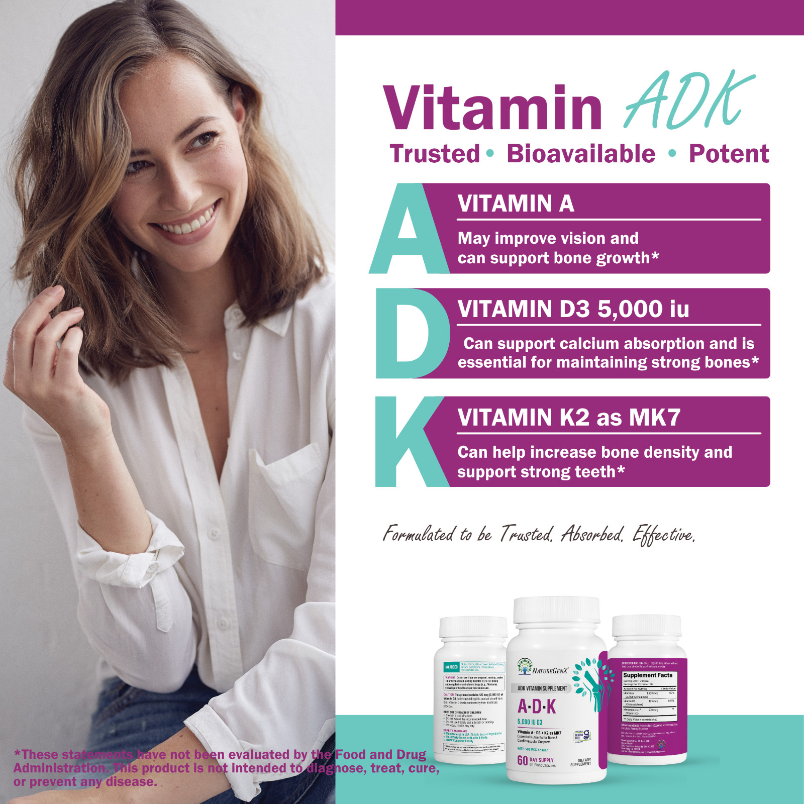ADK Vitamin Supplement w/ Vitamins A, D3, K2 as MK7 for Bone Heart Immune Health