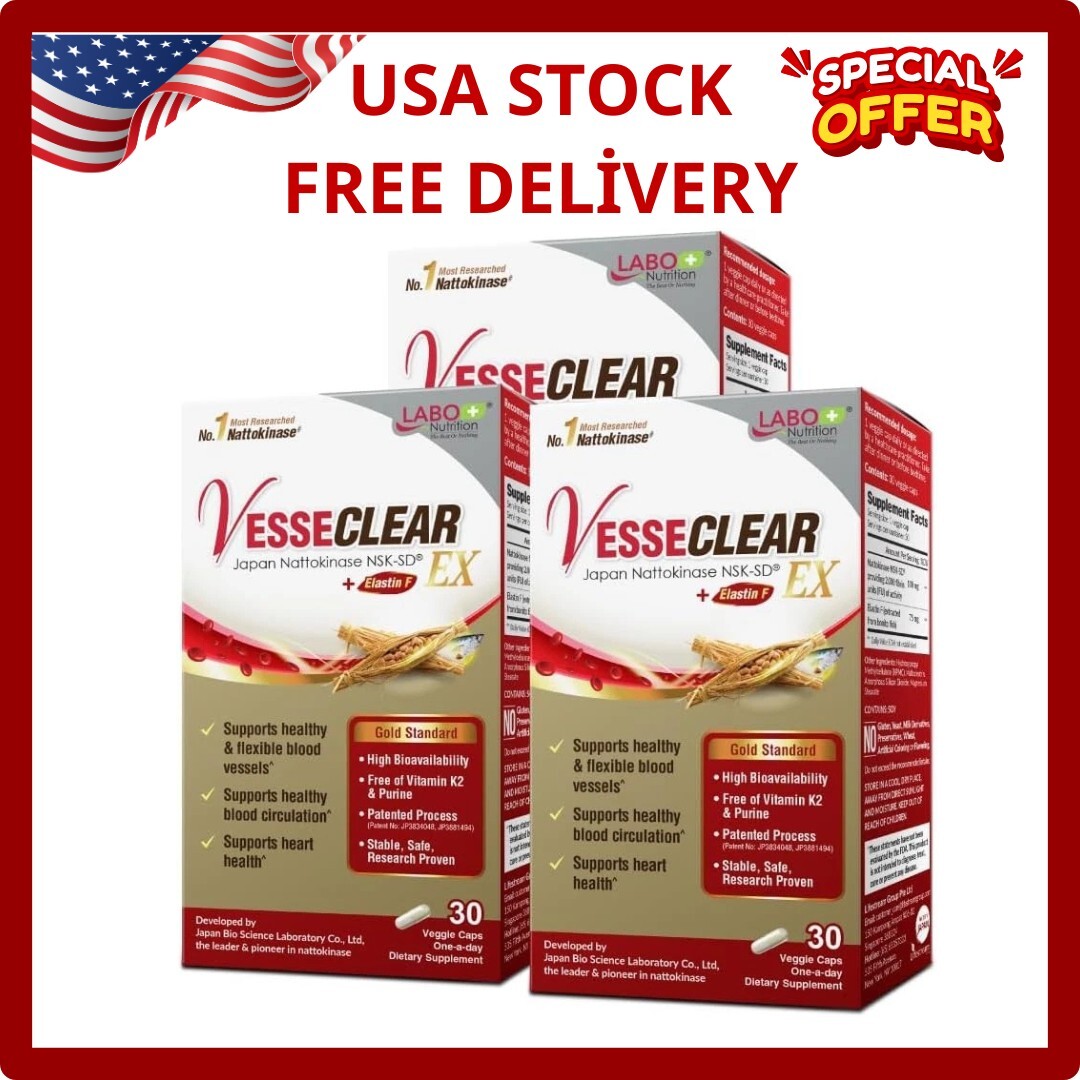 LABO Nutrition VesseCLEAR EX: Nattokinase NSK-SD+Elastin 30 Count (Pack of 3)
