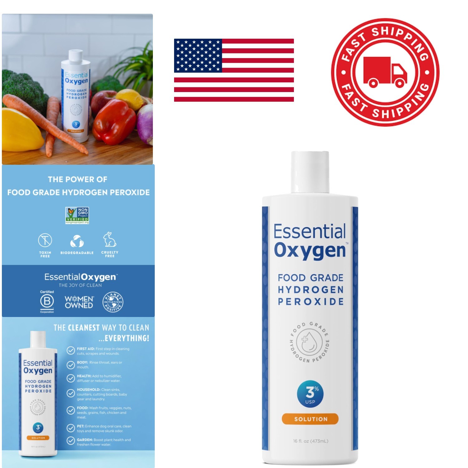 Natural Hydrogen Peroxide Cleaner 16 Fl Oz Biodegradable Household Multi Surface