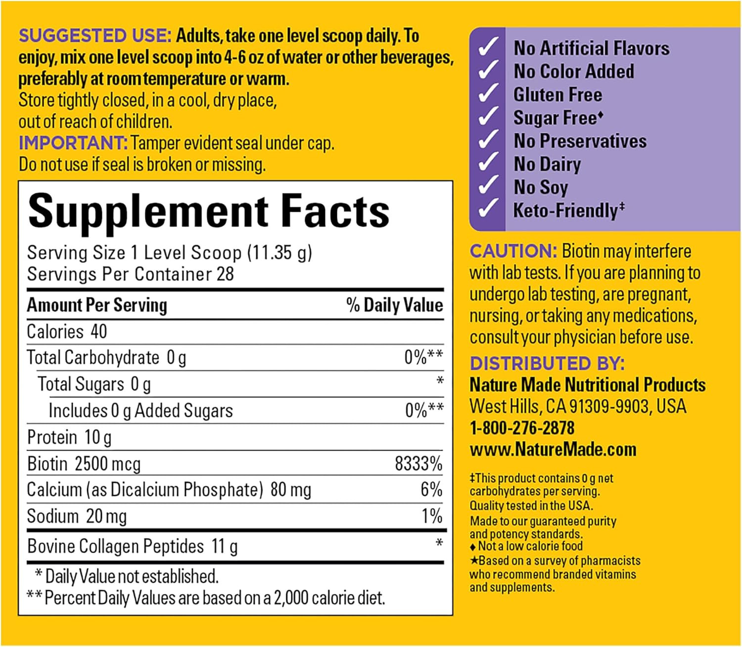 Nature Made Collagen Peptides Powder, Unflavored, Sugar Free with Biotin 11.2 Oz