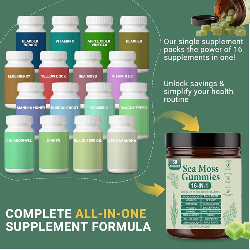 16 in 1 Organic Sea Moss Gummy | Irishmoss Extract 6000Mg | Green Flavor Apple